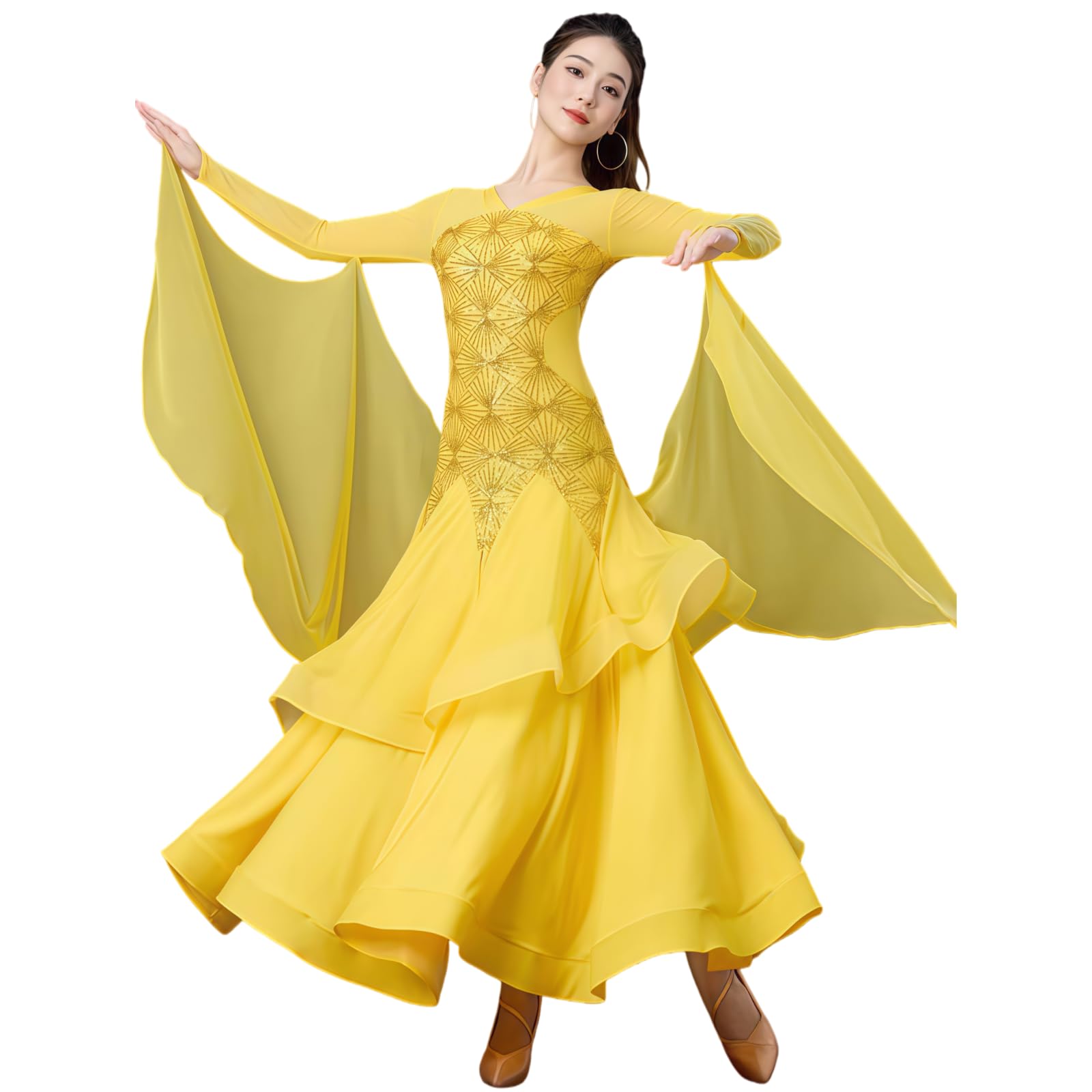Damen Standard Ballroom Tanzkleid, Langarm Elegantes Tanzkleid Mit Strass Und Fließendem Rock, Farbverlauf Tanzkleid Für Walzer Tango Foxtrott Training Und Turnier