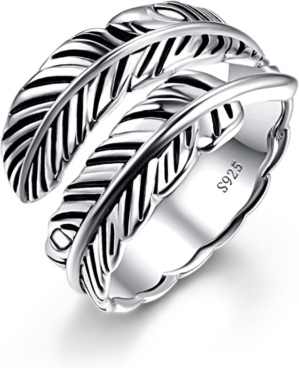 Sterling Silver Feather Ring with Black Onyx & Turquoise - Adjustable Stacking Vintage Statement Ring for Women & Men