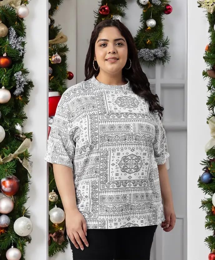 Image of JUNEBERRY 100% Pure Cotton Oversized Baggy Fit Stylish Paisley Bandana Print Half Sleeve Plus Size T-Shirt for Women & Girls (Sizes: 2XL to 5XL)