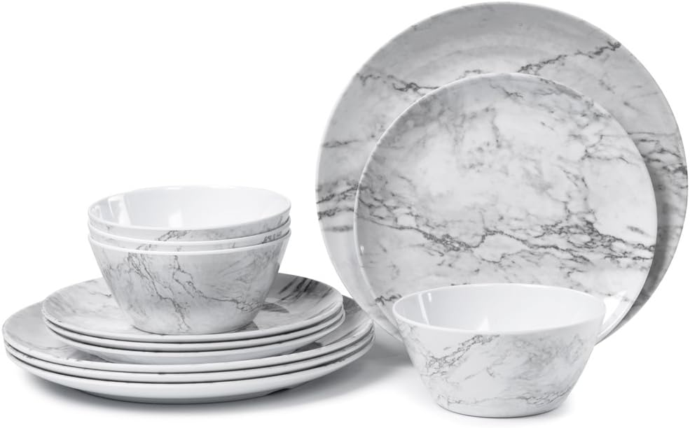 Melamine Dinnerware Set for 4-12pcs Camping Dishes Set for Outdoor Use, Marble-Like