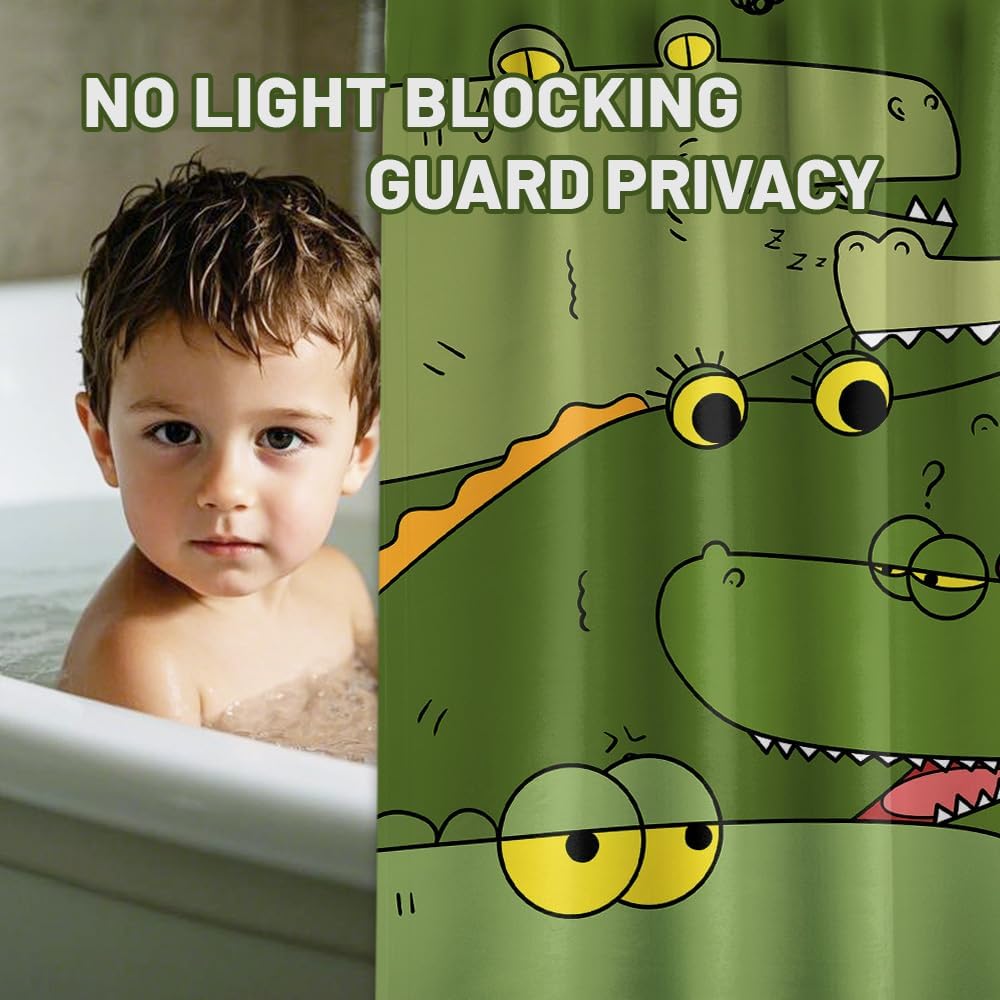 Alligator Shower Curtain for Kids Funny Cartoon Animal Green Crocodile Shower Curtains for Bathroom Decor Sets, Waterproof Fabric with Hooks, Waterproof Fabric 70 x 72 inch with Hooks