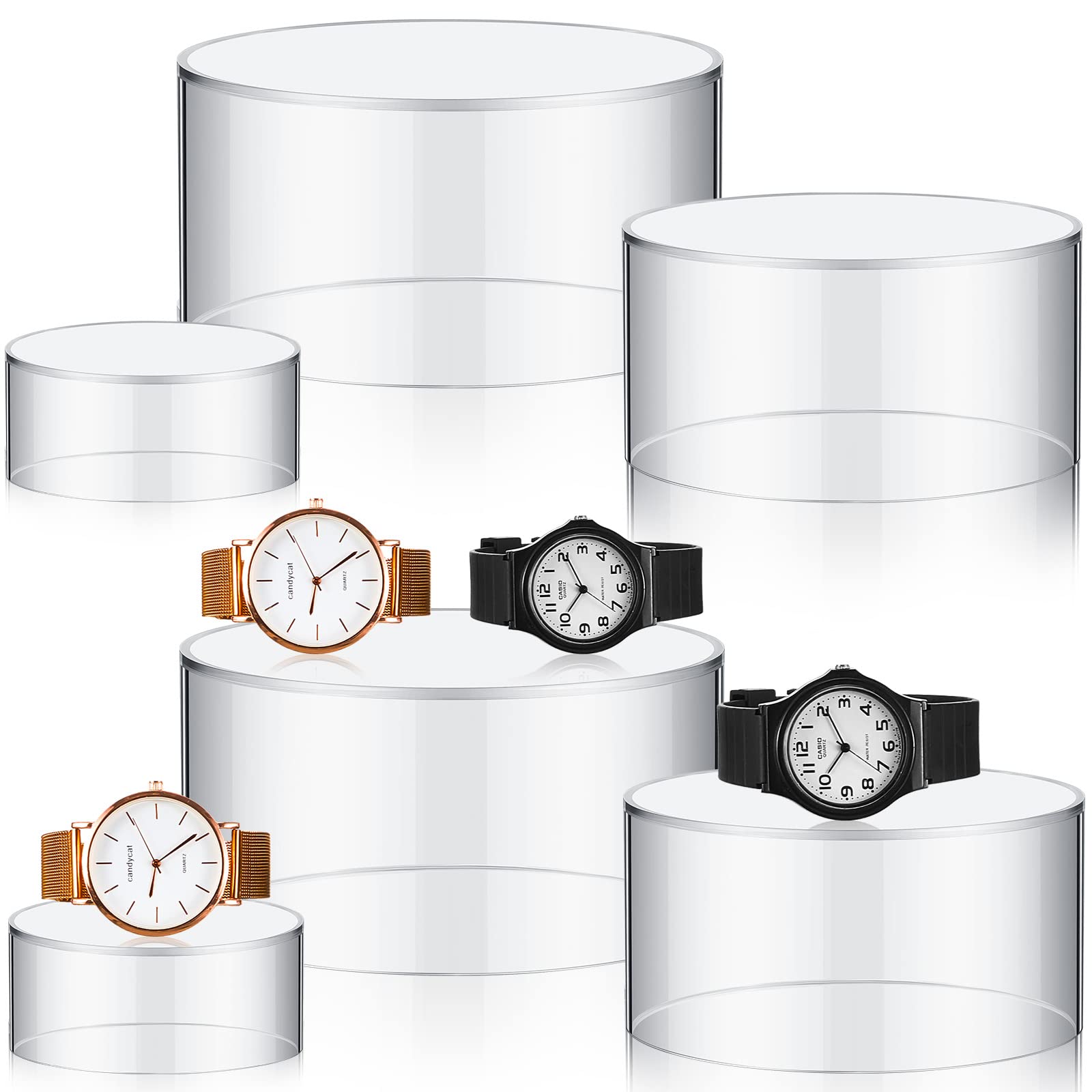 Photo 1 of 6 Pcs Acrylic Stands for Display, 5.91 in 5.12 in 3.54 in, Nesting Riser Stands Clear Stands Pedestal Display Shelf with Hollow Bottom for Cake Tabletop Figures Jewelry Food (Round)