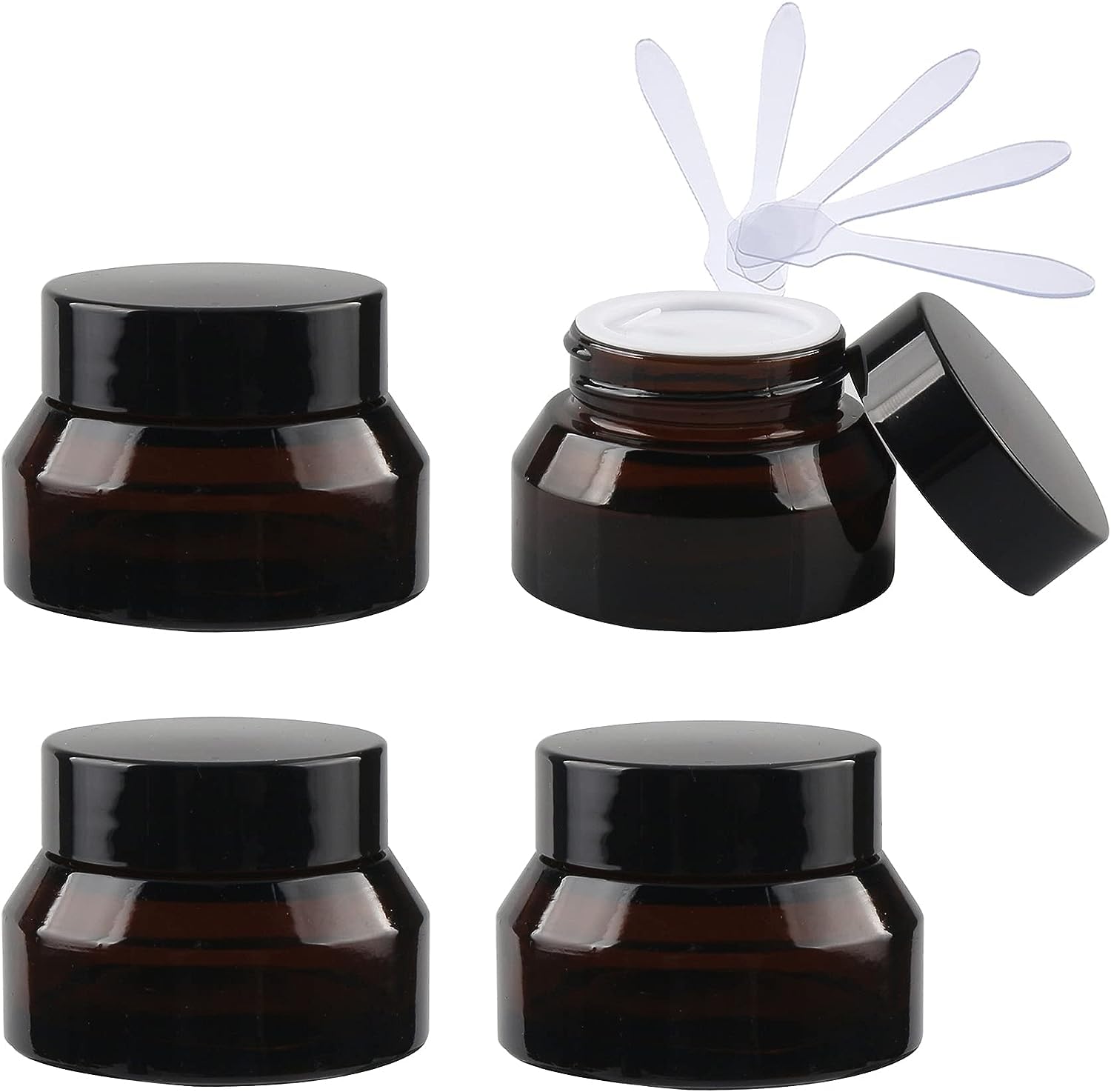 FLYIODFCXV cosmetic jar, 4 Pack Glass Cosmetic Jars, Face Cream Storage Containers Pots with Black Lid & Inner Liners DIY(Brwon,15ml)
