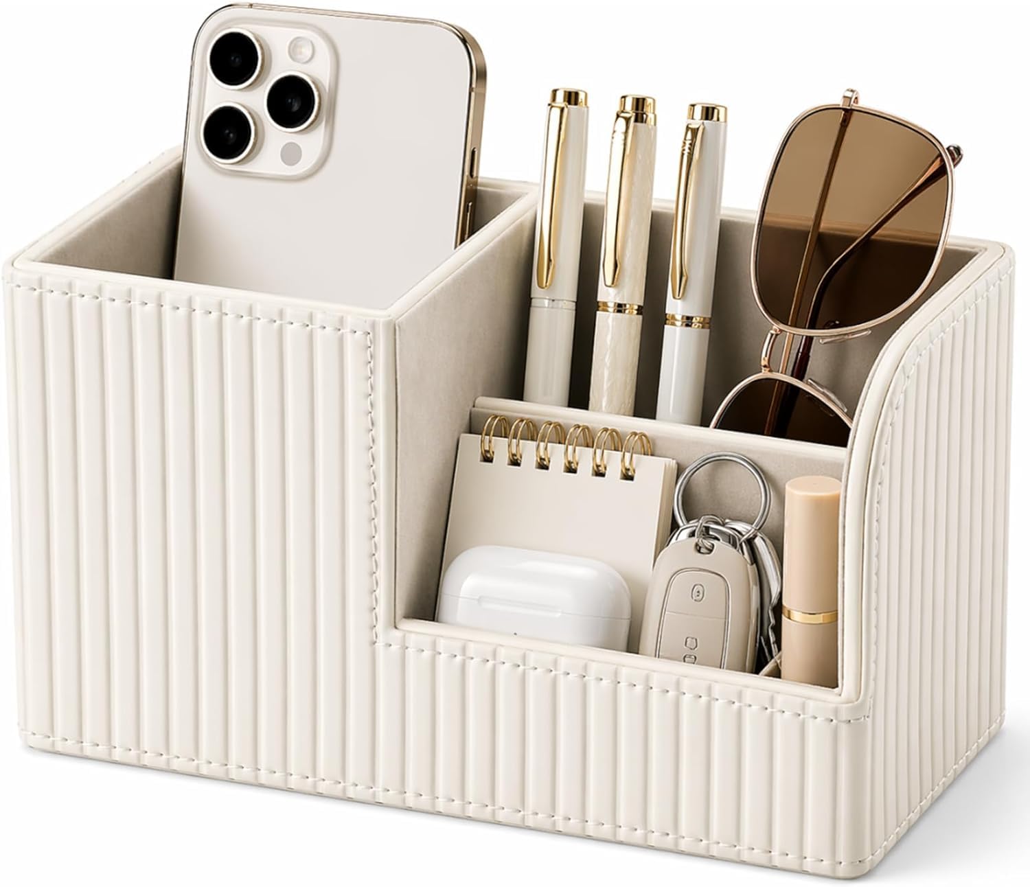 KINGFOM Pen Holder for Desk, PU Leather Pen Pot Desk Tidy Organiser with 3 Compartments for Office (Creamy White)