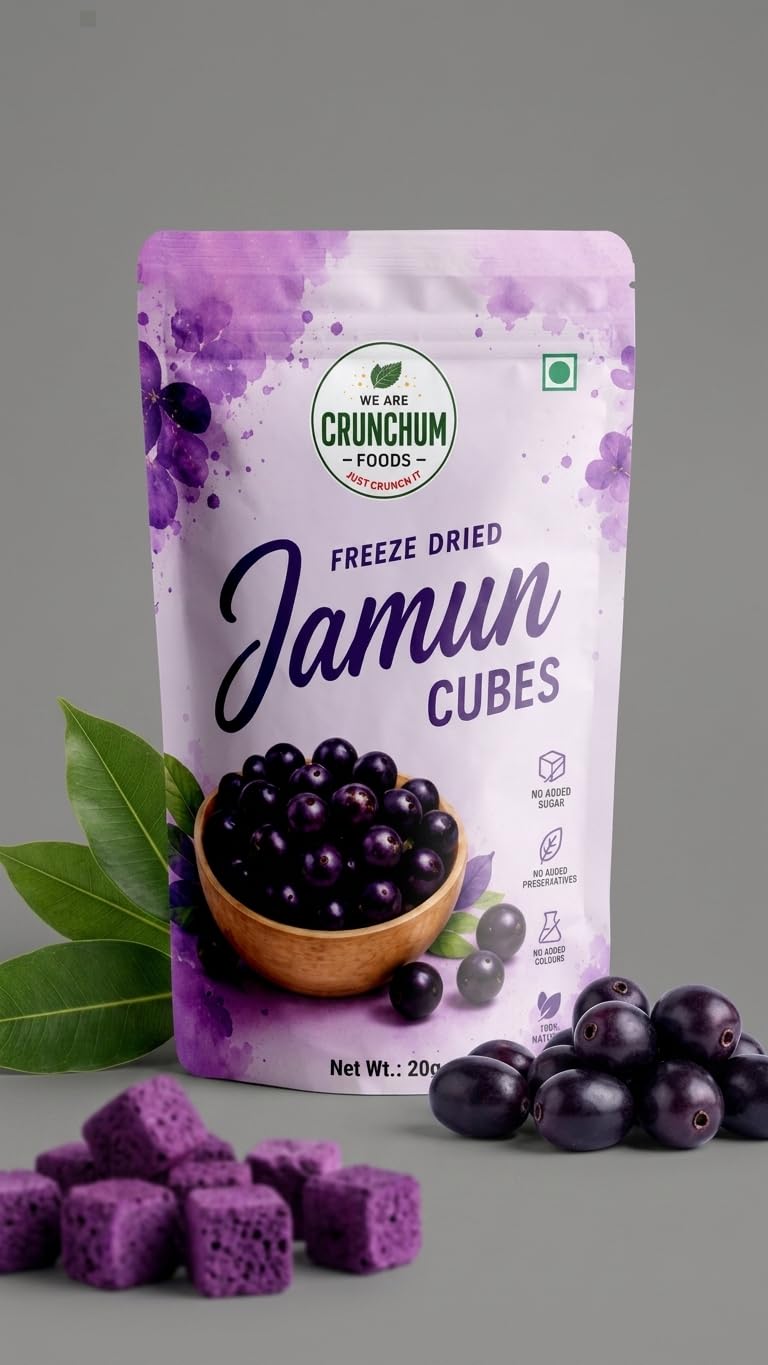 Crunchum Foods Freeze Dried Jamun Cubes 20g | 100% Real Fruit, No Added Sugar or Preservatives | Vegan & Gluten-Free Crunchy Indian Superfruit Snack-image-48
