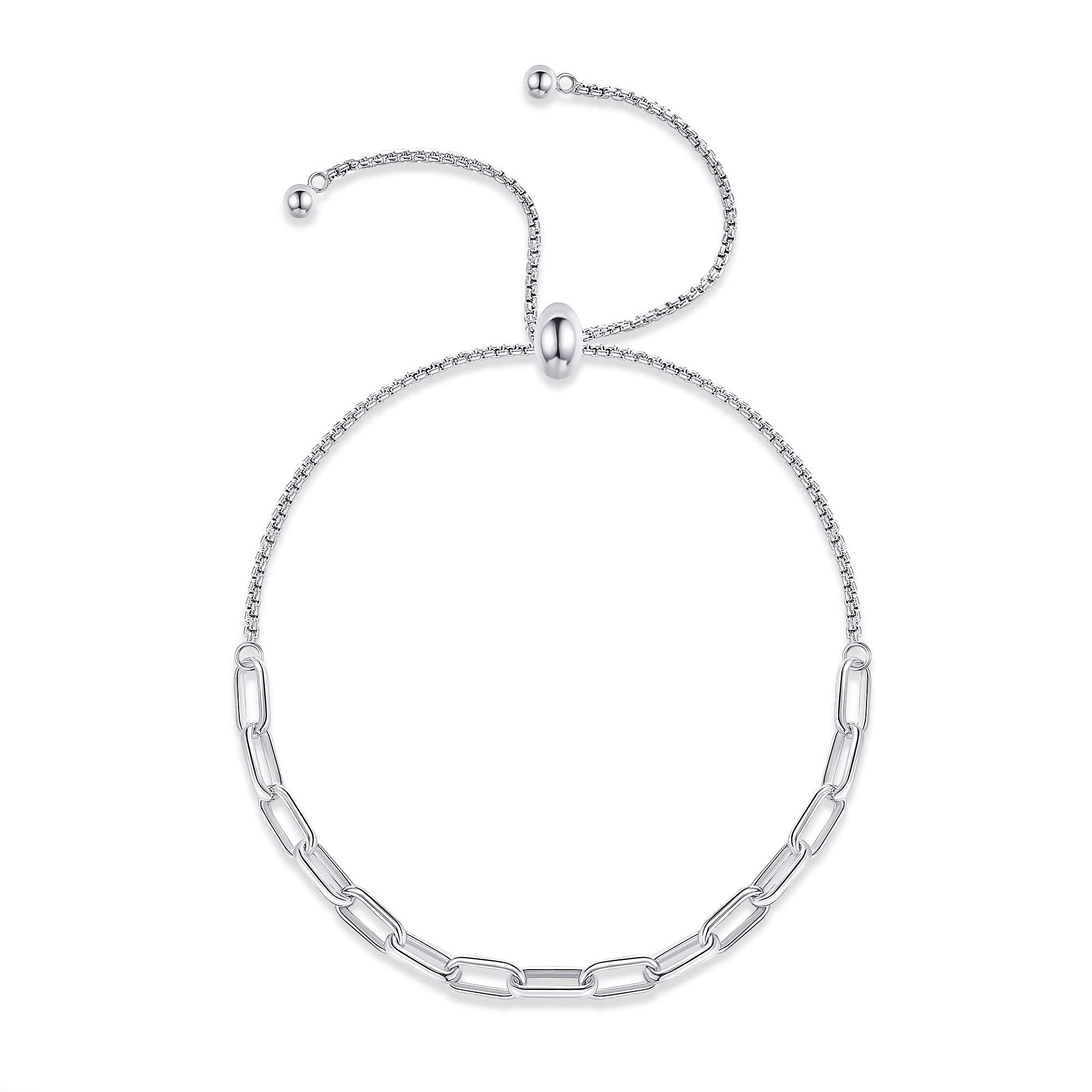HUKKUN Paper Clip Link Bracelet Sterling Silver Clip Link Adjustale Bracelet Paper Clip Jewelry Gifts for Women