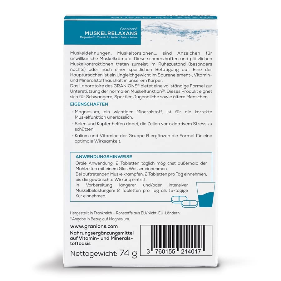 Muskelrelaxans – 60 Tabletten für Muskelentspannung & Regeneration – Magnesium Tabletten gegen Muskelkrämpfe & Muskelverspannungen – Mit Selen, Kupfer & B-Vitamine - GRANIONS