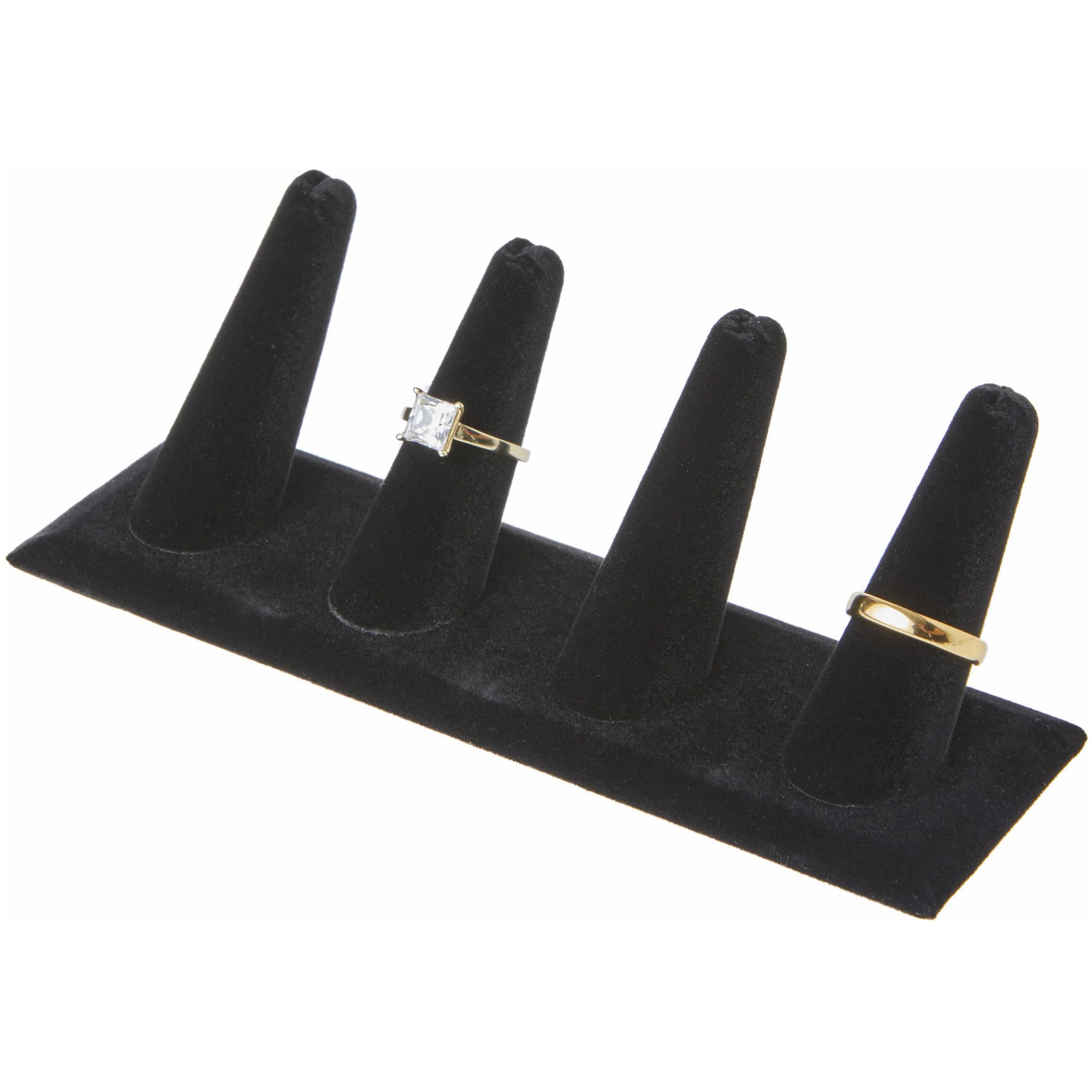 Plymor Black Velvet Ring Display - 4 Finger Jewelry Stand 6x2.125x2.5 Inches - Perfect For Stores & Home Collections