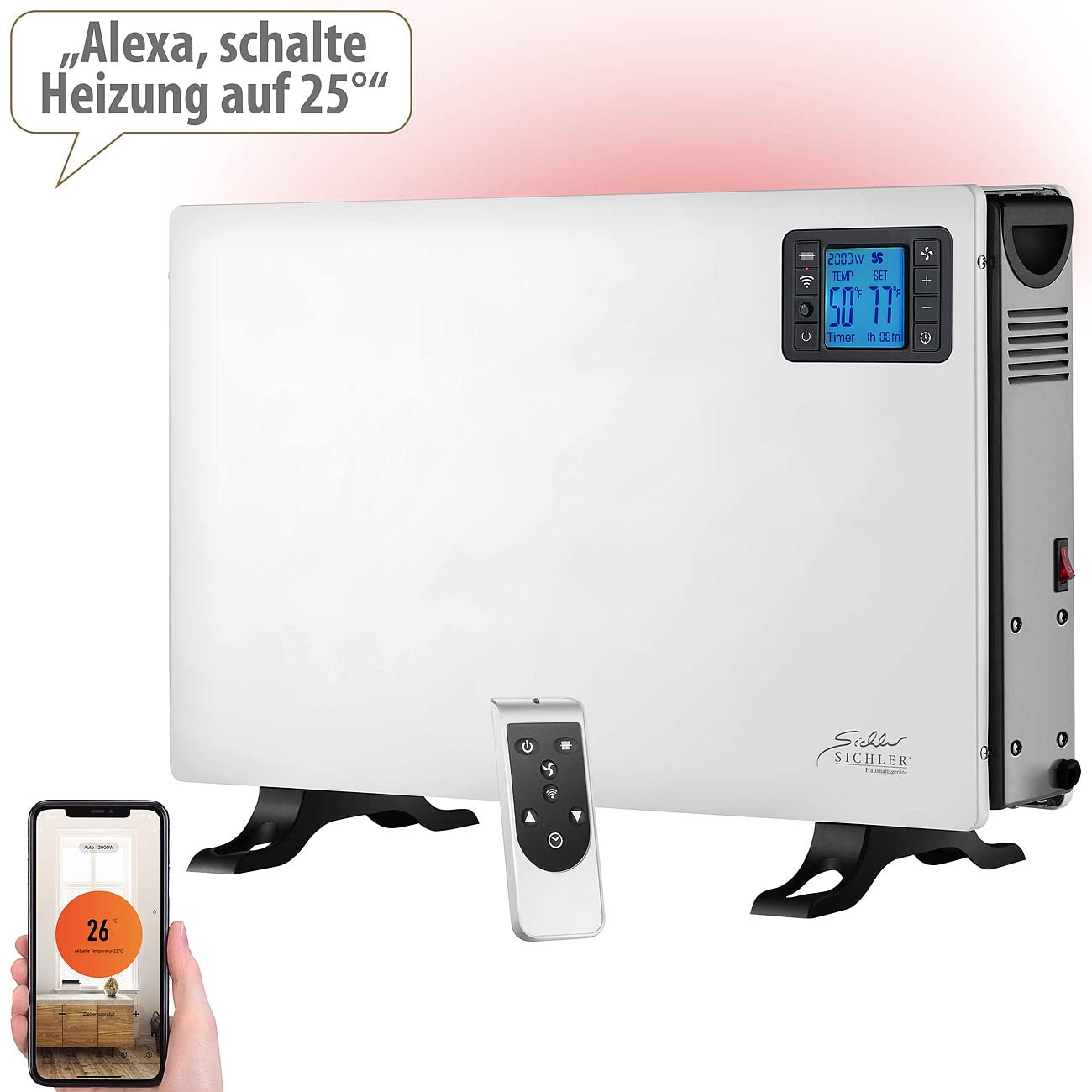 Sichler Haushaltsgeräte Elektrischer Heizkörper: WLAN-Konvektor-Heizung, 2.000 W, App, Sprachsteuerung, Fernbedienung (Elektro-Heizung, Konvektor mit Thermostat, Heiz)