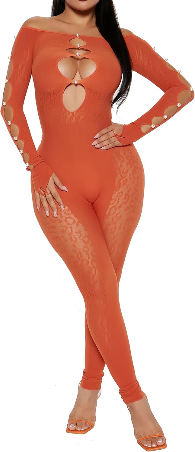 Women sexy Lingerie see through mesh jumpsuit fishnet low-cut long-sleeved bodysuit bodystockings cluboutfit