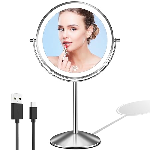 LOVESPEJO Espejo de maquillaje, espejo de aumento recargable de 8 pulgadas con luz, 1x7x rotación de 360, espejo de maquillaje iluminado con
