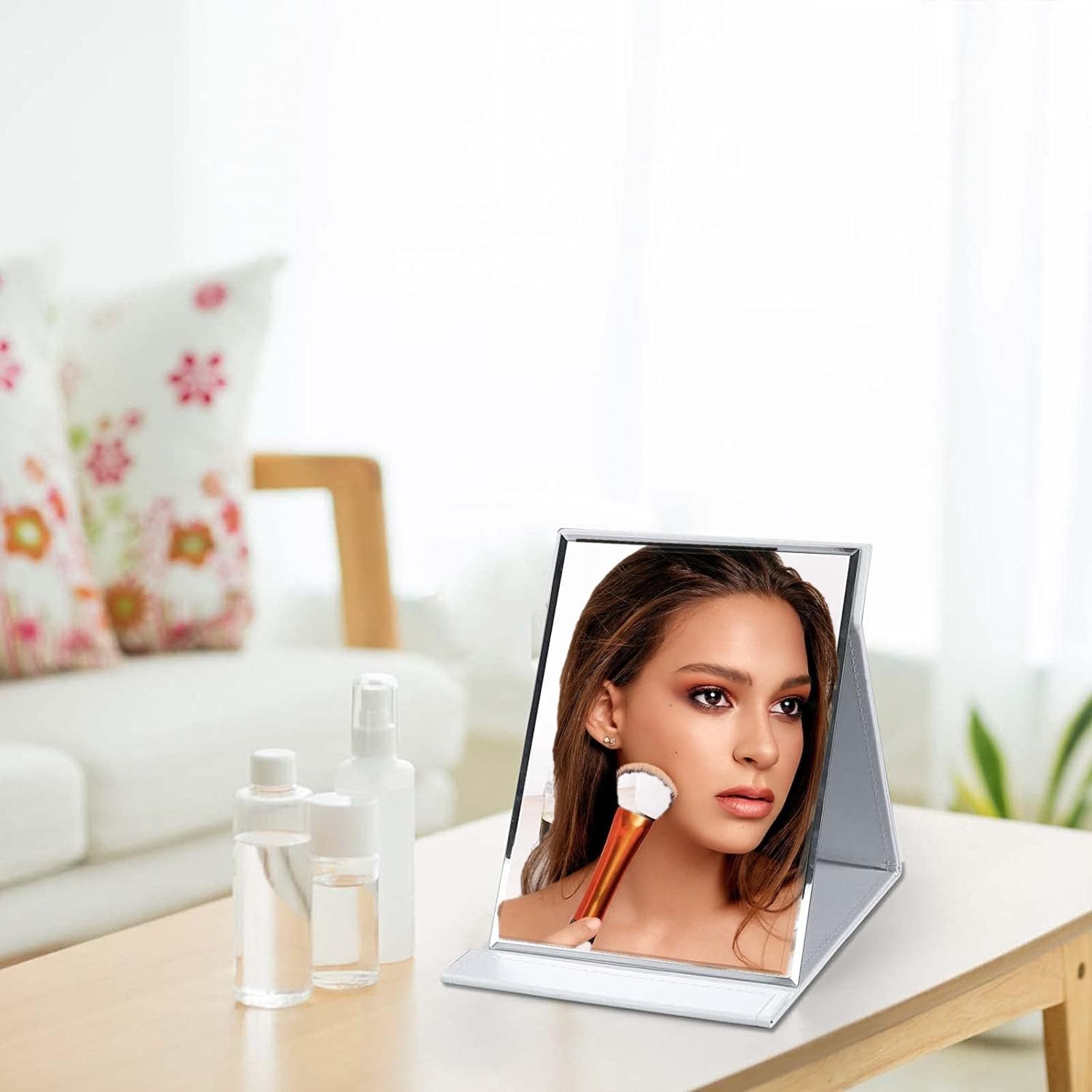 ONICORN® Foldable Makeup Mirror with Stand, Compact Portable Folding Free Standing Travel Vanity Mirror, Frameless PU Leather (White-Pack of 1, Unframed, Rectangular, Floor Mount) 4