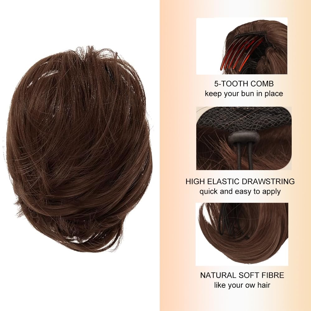 PORSMEER Brown Hair Bun Ponytail Extension,Short Straight Synthetic Hairpiece Drawstring Ponytail Bun Extensions with Comb Clip in Fake Pony Tails Hairpieces for Women Daily Party - Image 3