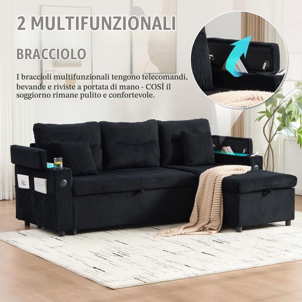 Lubvtti Divano letto 3 posti con portabicchieri,porte USB,contenitore integrato, divano 3 posti moderno in velluto a coste,divano angolare a L con chaise longue (Nero + 3 posti)