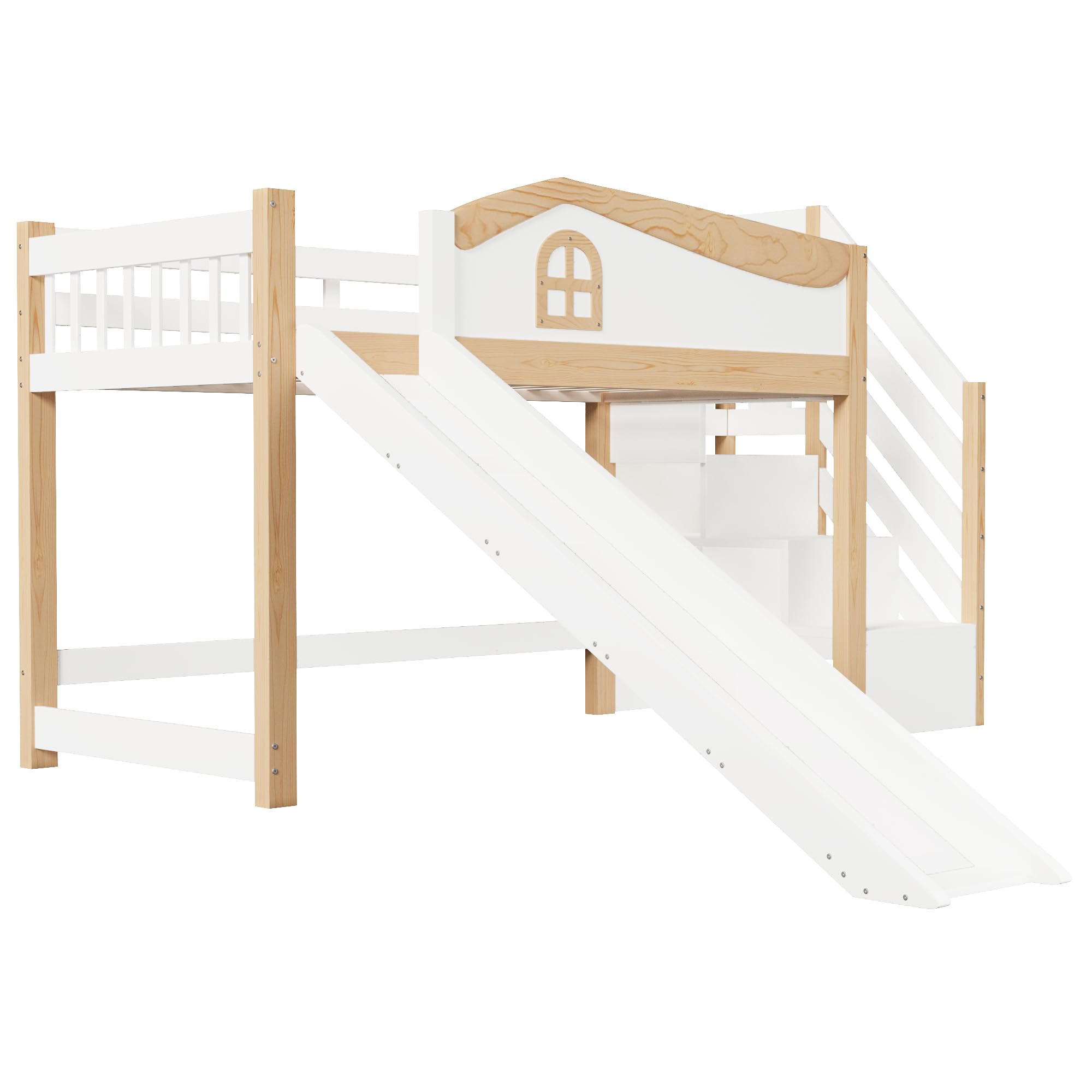 Lit Mezzanine Enfant 90x200 cm avec Toboggan,Échelle de Rangement,Barrières de Sécurité et Bandeau LED Intégré–Lit Mezzanine 1 Place en Bois Massif Pin,Blanc