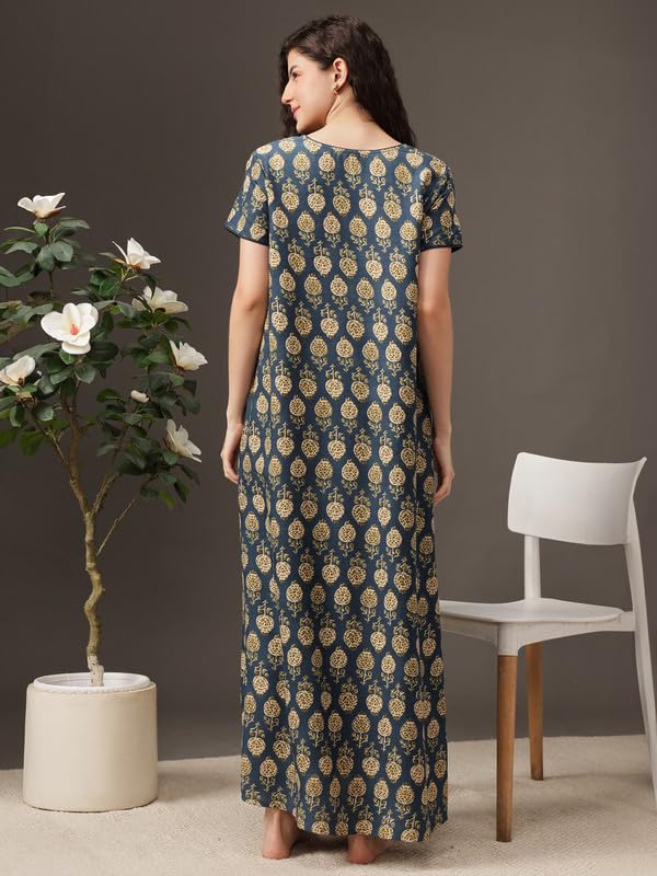 Image of Clovia Women's Rayon Long Nighty in Navy Blue