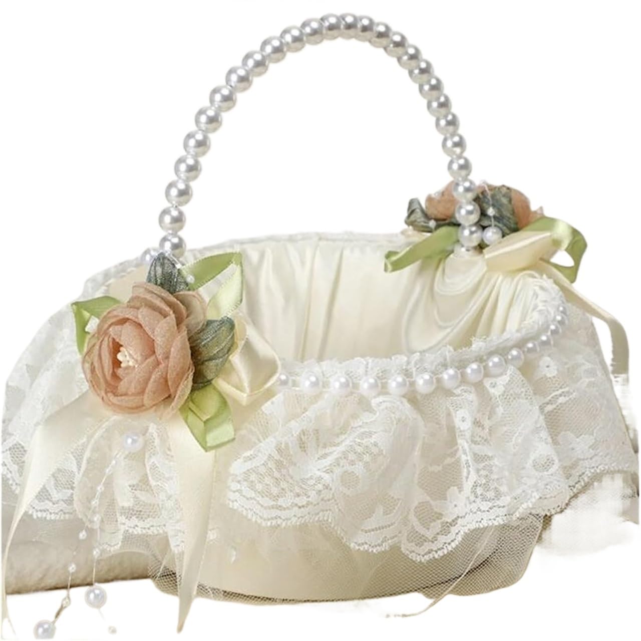 Wedding Petal Confetti Basket, White Lace Rose Pearl Satin Flower Bridesmaid Basket For Wedding Ceremony Church(White2)