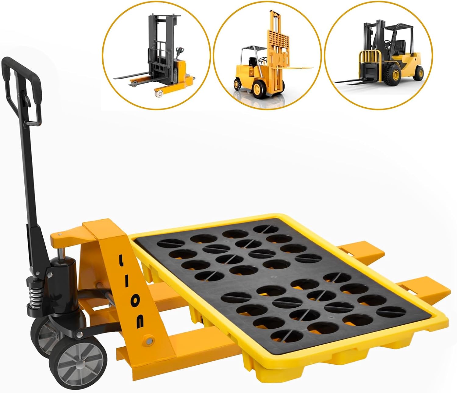 2 Drum Spill Containment platforms Industrial with Grating forklifts Pockets 5000 Lbs 21 Gallon Capacity Sump Stackable Yellow and Black Modular Recycled Poly Tray Pallet with Drain 51.2 x 26.8 x 5.9"