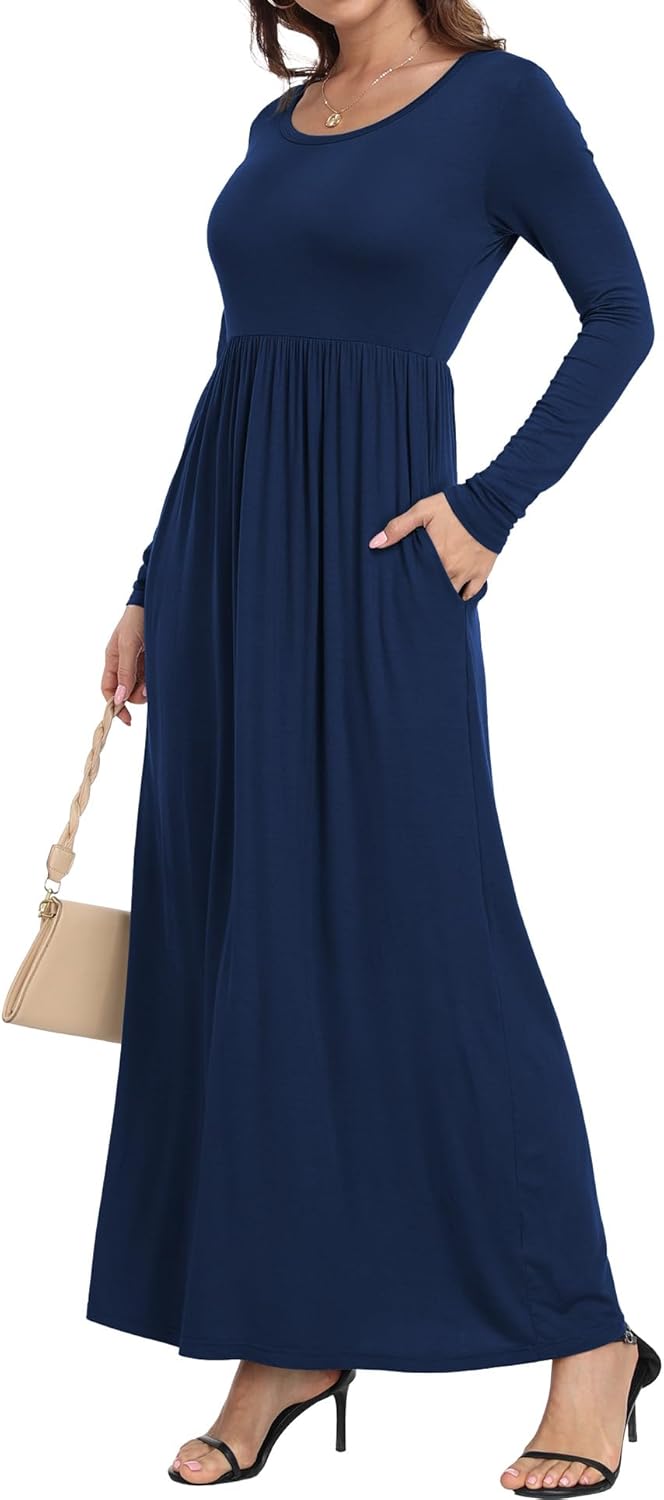 HAOMEILI Women's Long Sleeve Loose Plain Long Maxi Casual Dresses with Pockets M Navy Blue - Image 4