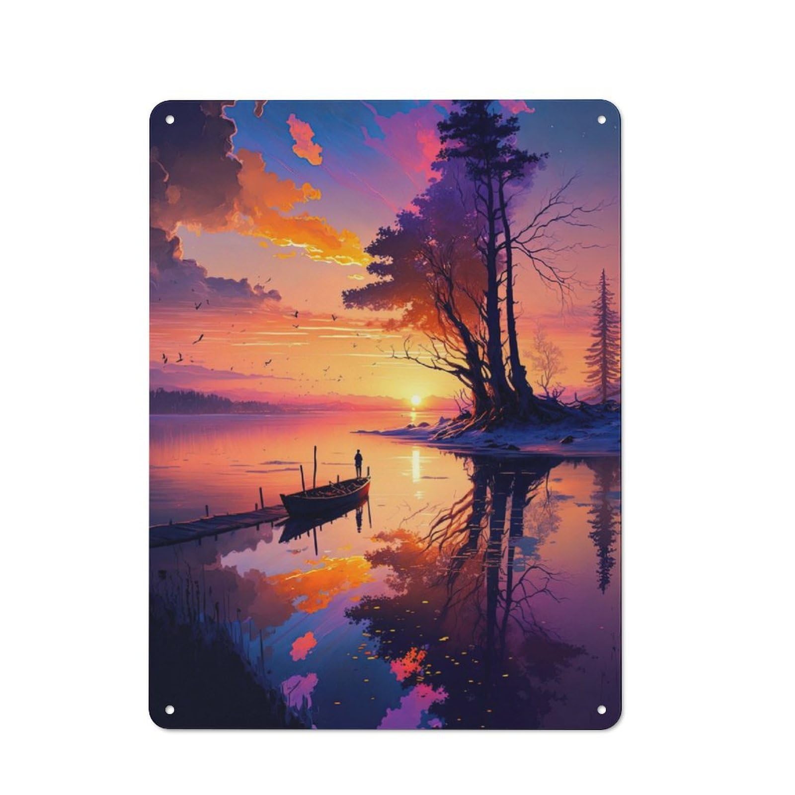 Junmoney Lonely Boat At Sunset Retro Metal Plaque 40X30cm For Lounge Or Reading Corner, Winter Wall Decor For Reading Corner Decorators