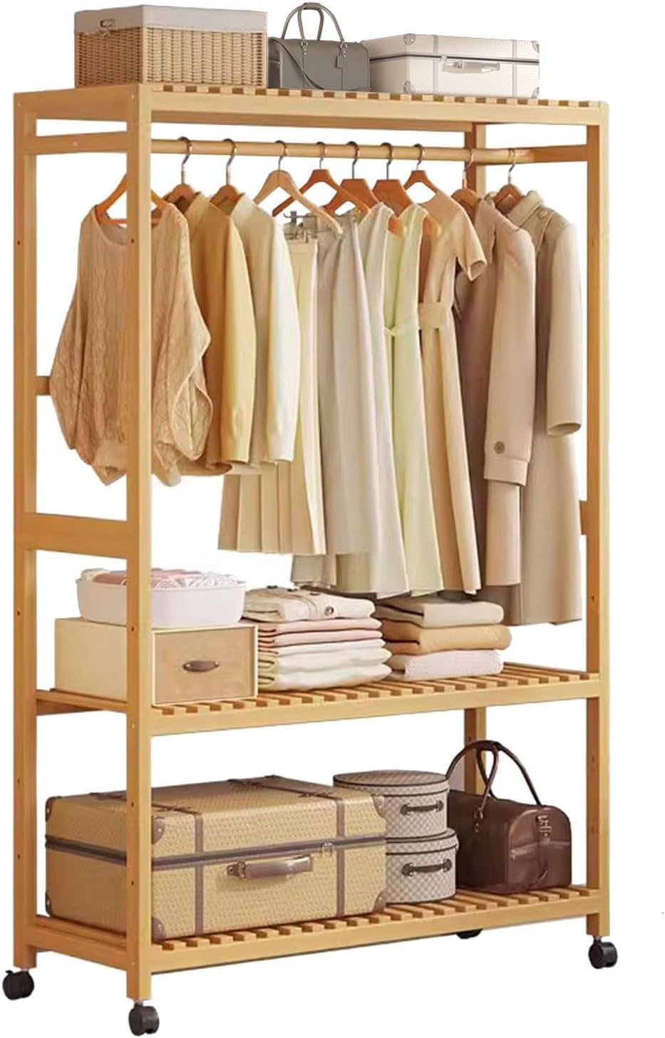 FGXHHS Bamboo Coat Rack with Four Universal Castors, 4-in-1 Clothes Rail Storage Shelving, Open Wardrobe Stand for Hallways, Bedrooms, Bathrooms, Offices, 83 cm (98x34x160cm)