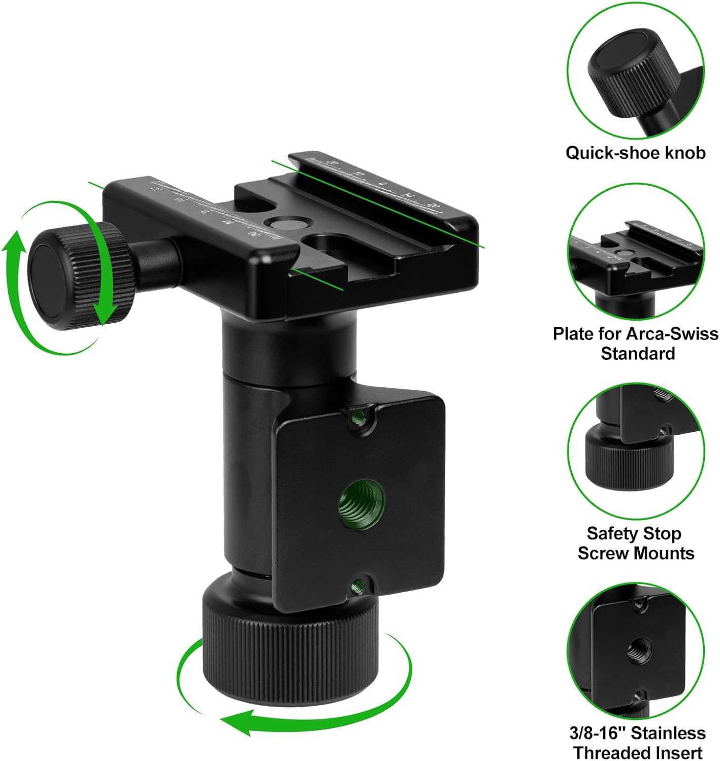 FANAUE 一脚ヘッド、サイドマウントチルトヘッド、3/8インチ取り付けネジ付き、Arca-Swiss Dovetailクイックリ