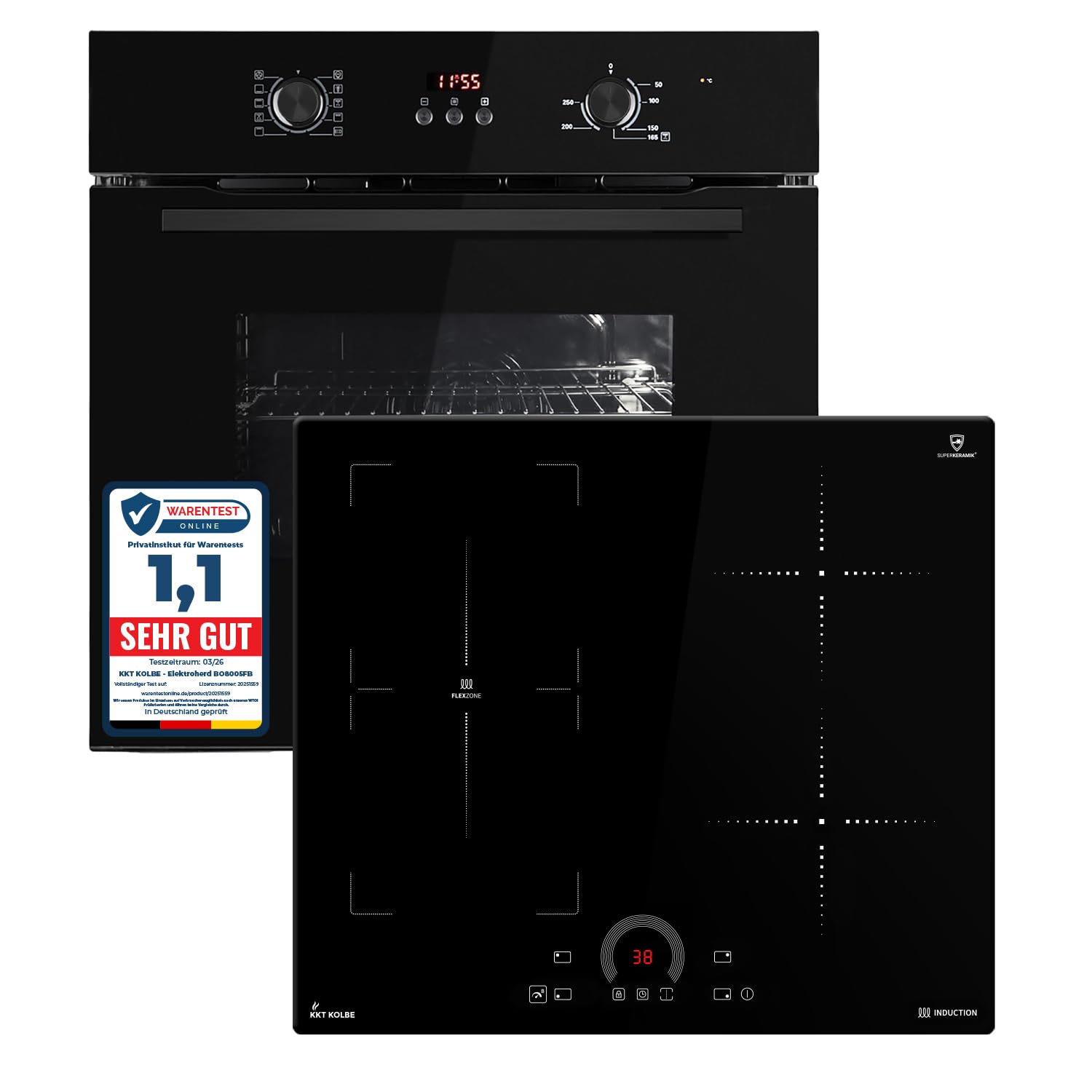 KKT KOLBE Autarkes Herdset | 60cm Einbaubackofen BO8005FB | 59cm Induktionskochfeld IH85901FZ | Flexzone | Grill | Automatik-Timer | Wärmeschutzverglasung | Kindersicherung | SET8005FBIH592FZ