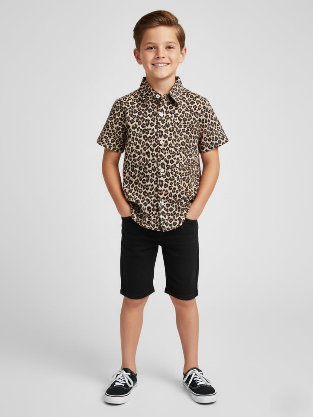 Niren Enterprise Cotton Fabric Casual Half Sleeve Leopard Printed Pattern Kids Boys Shirt Brown Black Colour 2