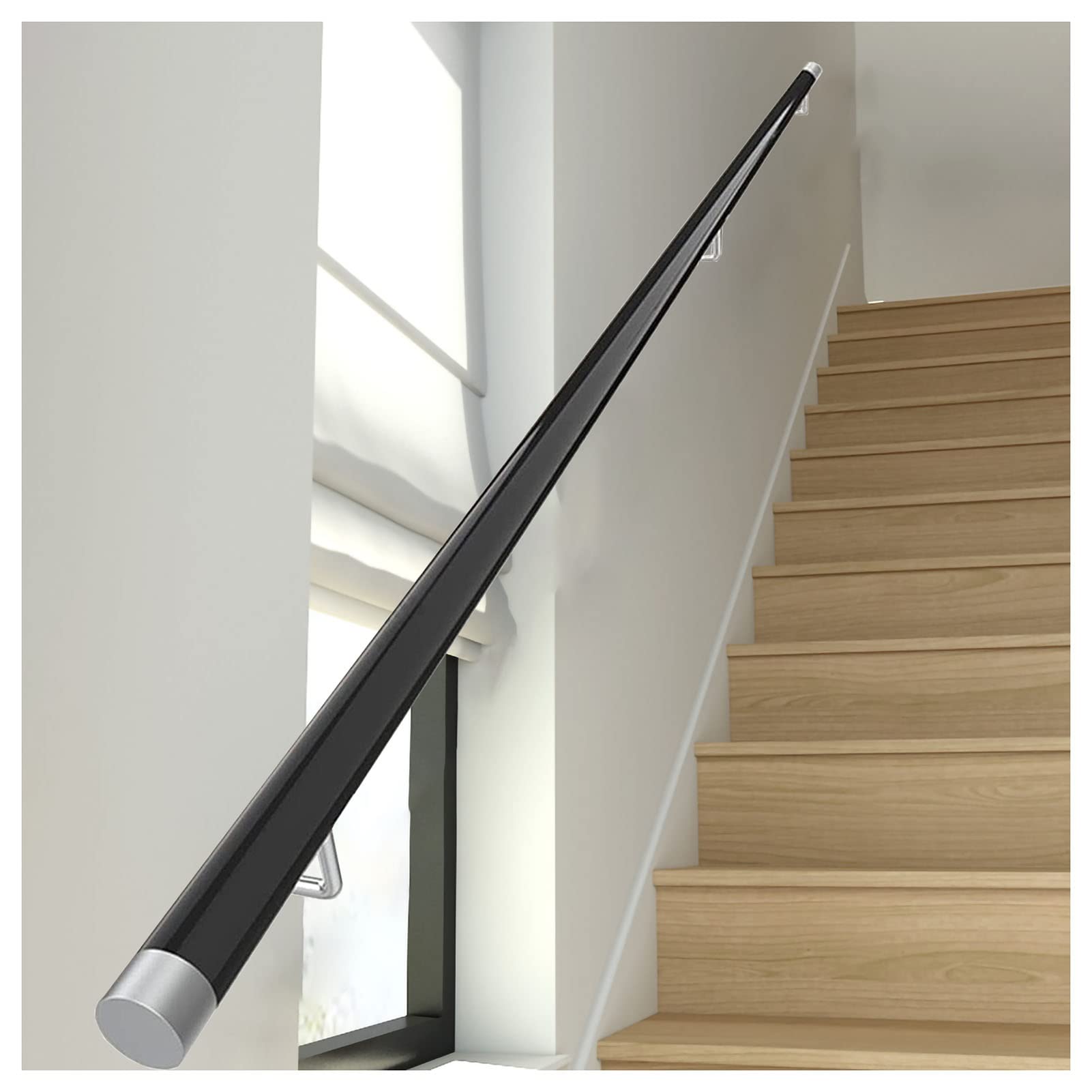 Main courante d'escalier en bois noble noir et supports haut de gamme en acier inoxydable