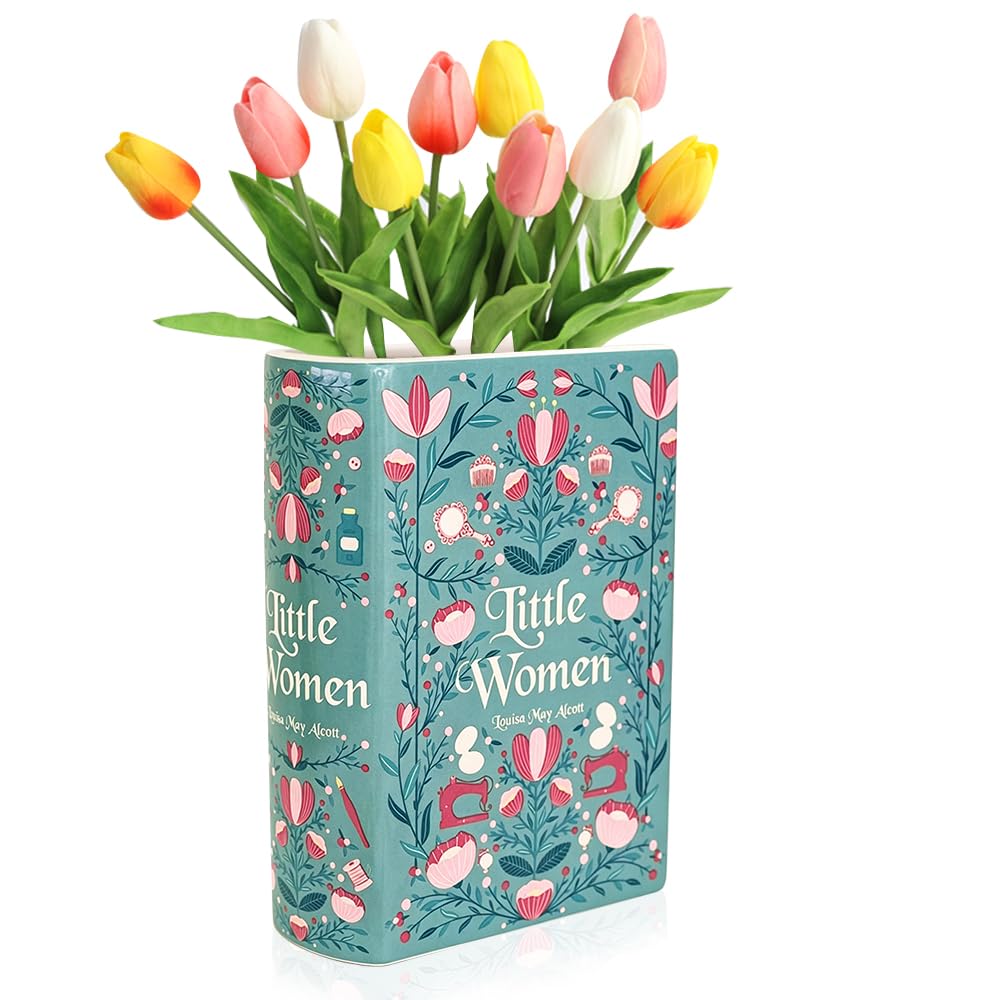 RNPKZ Ceramic Book Vase for Flower, Small Book Shaped Decorative Vase, Aesthetic Book Flower Vase, Vintage Unique Book Shaped Vase for Bookshelf Dcor Room Home Book Lovers Gifts (Green, Little Woman)