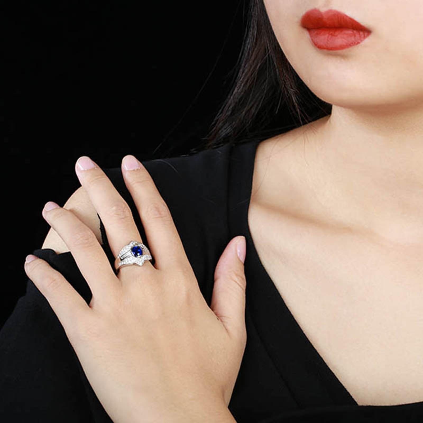 Fede nuziale da donna in oro bianco 18 carati con zaffiro blu ovale con zaffiro blu da 1,23 carati e diamanti misura 45, 45 (14.3), metallo prezioso, zaffiro, 45 (14.3), Metallo, Zaffiro