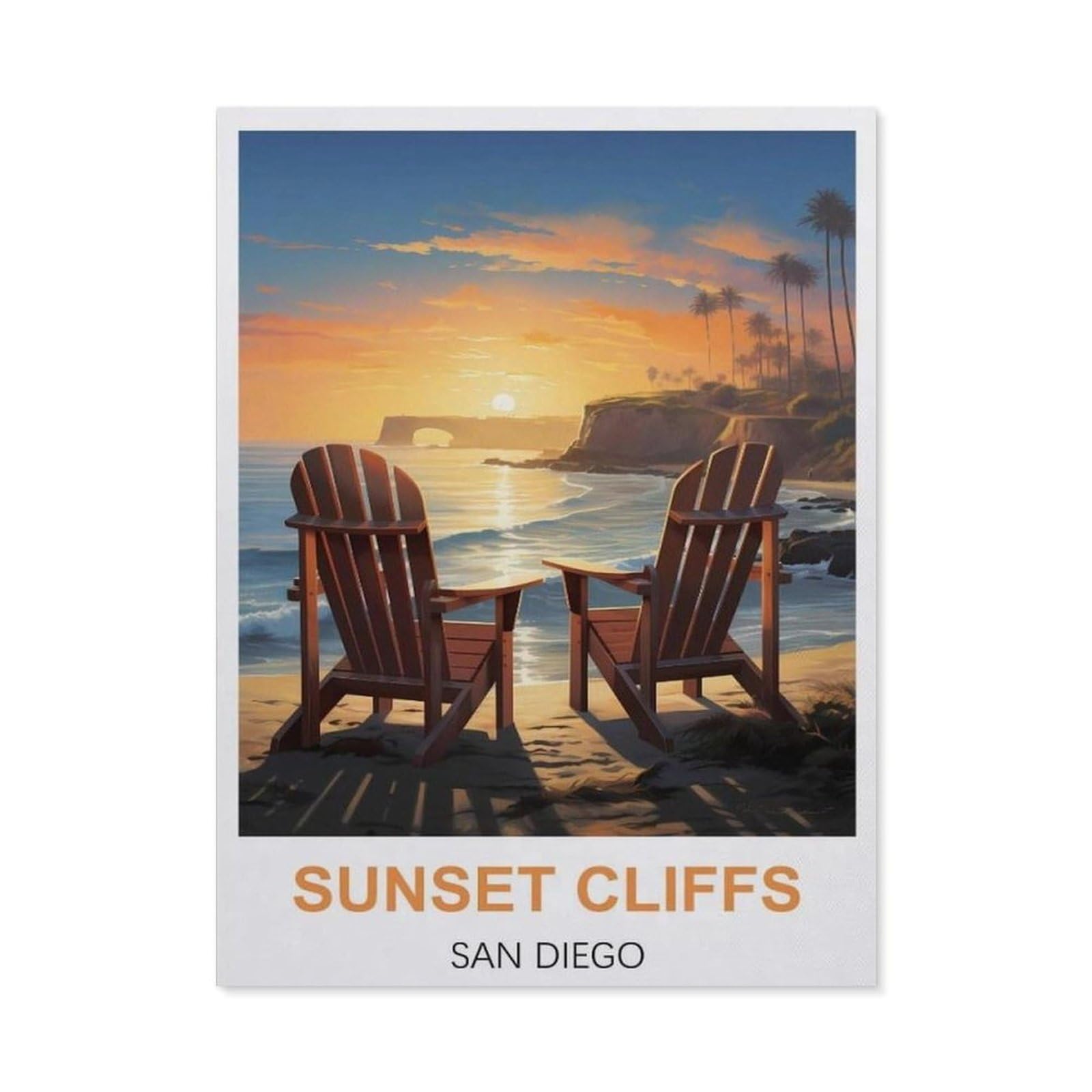 BEAYODKP DIY Diamond Painting，Sunset Cliffs San Diego Vintage Travel Poster，Cross Stitch Full Drill 5D Embroidery Mosaic Wall Decor Art（50 x 60 cm/19.68 x 23.62 inches）-BZ55