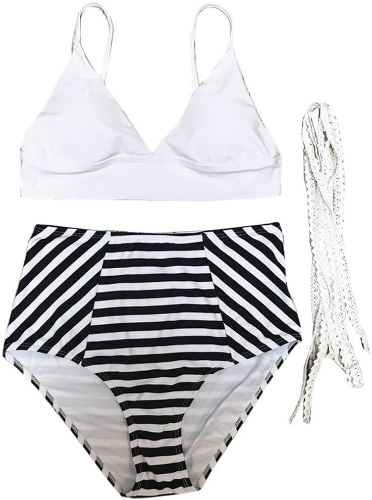 Mimihuhu Women's Striped Split Swimsuit Set Push-Up Pad Swimwear