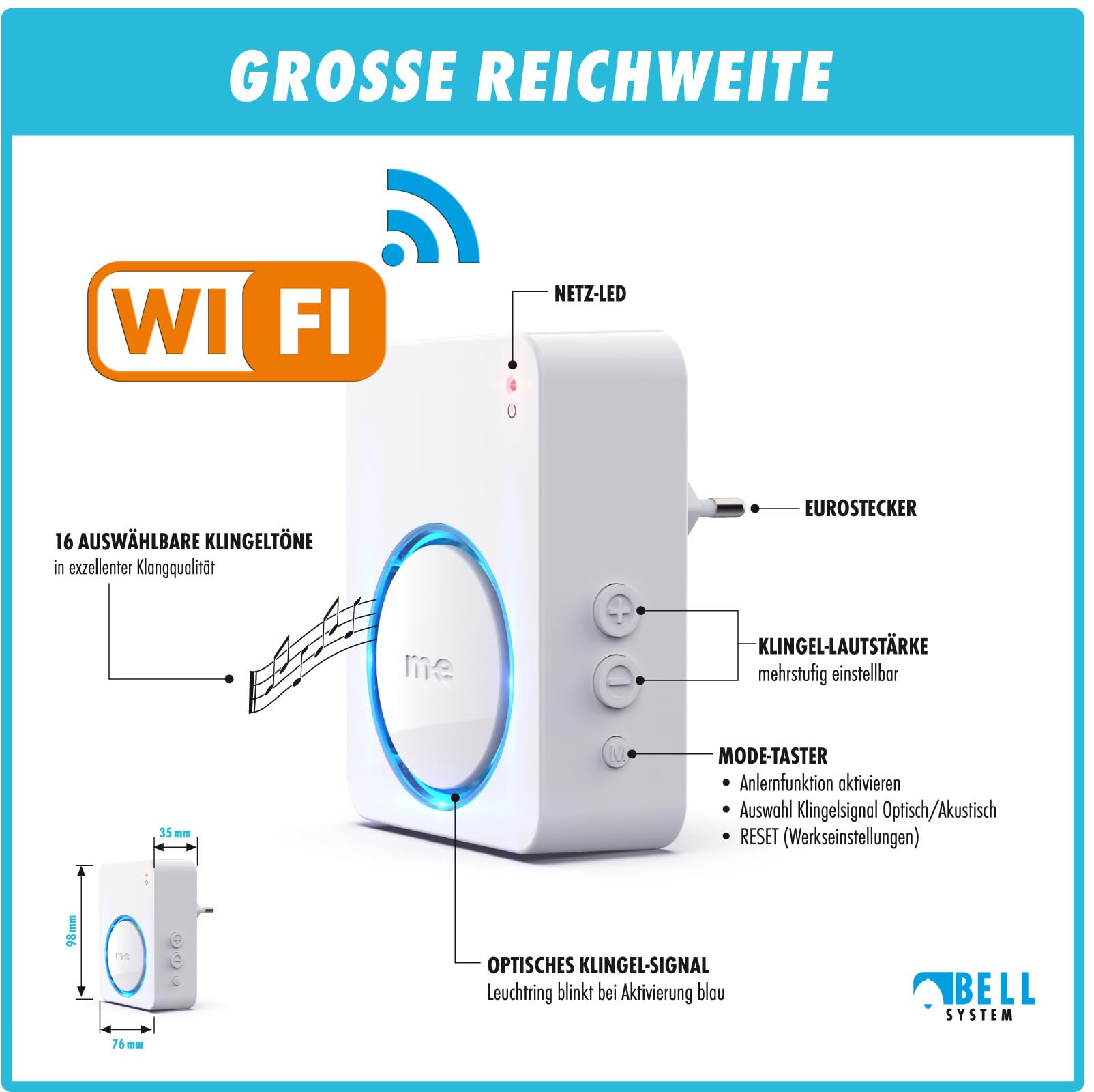 m-e Funk-Bewegungsmelder BELL-5814 | Kabelloser Durchgangsmelder | 2-fache Meldung bei Auslösung – auf Funkempfänger und auf Smartphone Handy App | Funkreichweite 300 Meter
