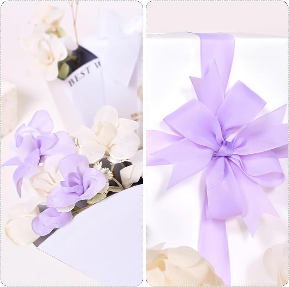 1 Inch Sheer Light Purple Ribbon Organza Transparent Clear Ribbon Wired Mesh Chiffon Fabric Ribbons Bulk Roll with Spool for Sewing Making Craft Flower Bouquet Wreath Wedding Birthday Supply image 5