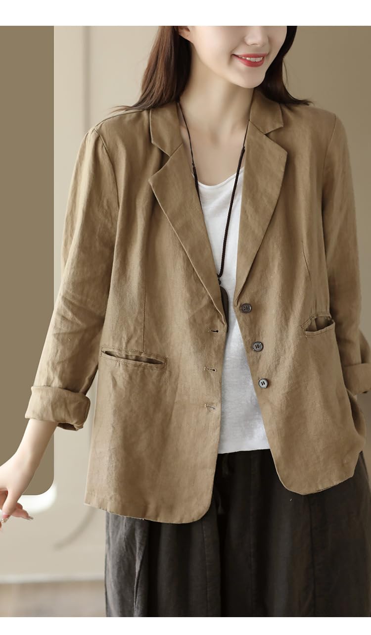 Elegante Blazer Mujer - Blazers De Algodón Y Lino para Mujer Chaquetas De Manga Larga con Botones Y Bolsillo Ropa De Abrigo Informal Chaqueta Ligera con Solapa De Muesca para Mujer Trajes De Oficin