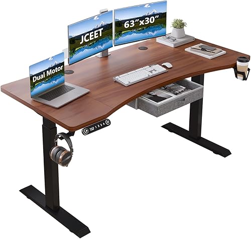Escritorio eléctrico de doble motor con cajón, escritorio de altura ajustable de 63 x 30 pulgadas con 4 tablas de empalme, escritorio de oficina en