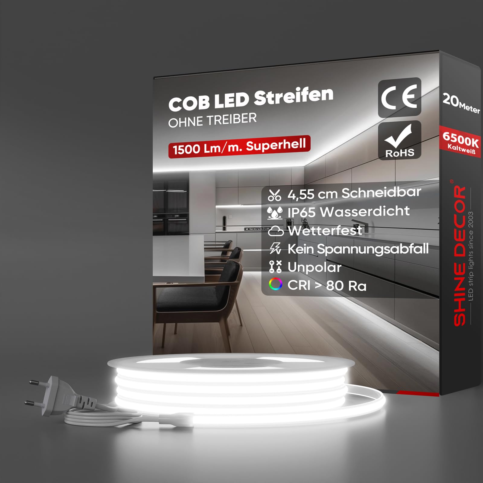 Shine Decor COB LED Streifen 20m, AC 220V 230V IP65 Wasserdicht LED Band, SMD2025 286 leds/m Ultrahohe Helligkeit Lichtleiste für Küche Garten LED Beleuchtung (20M, Kaltes Weiß, CE Zertifiziert)