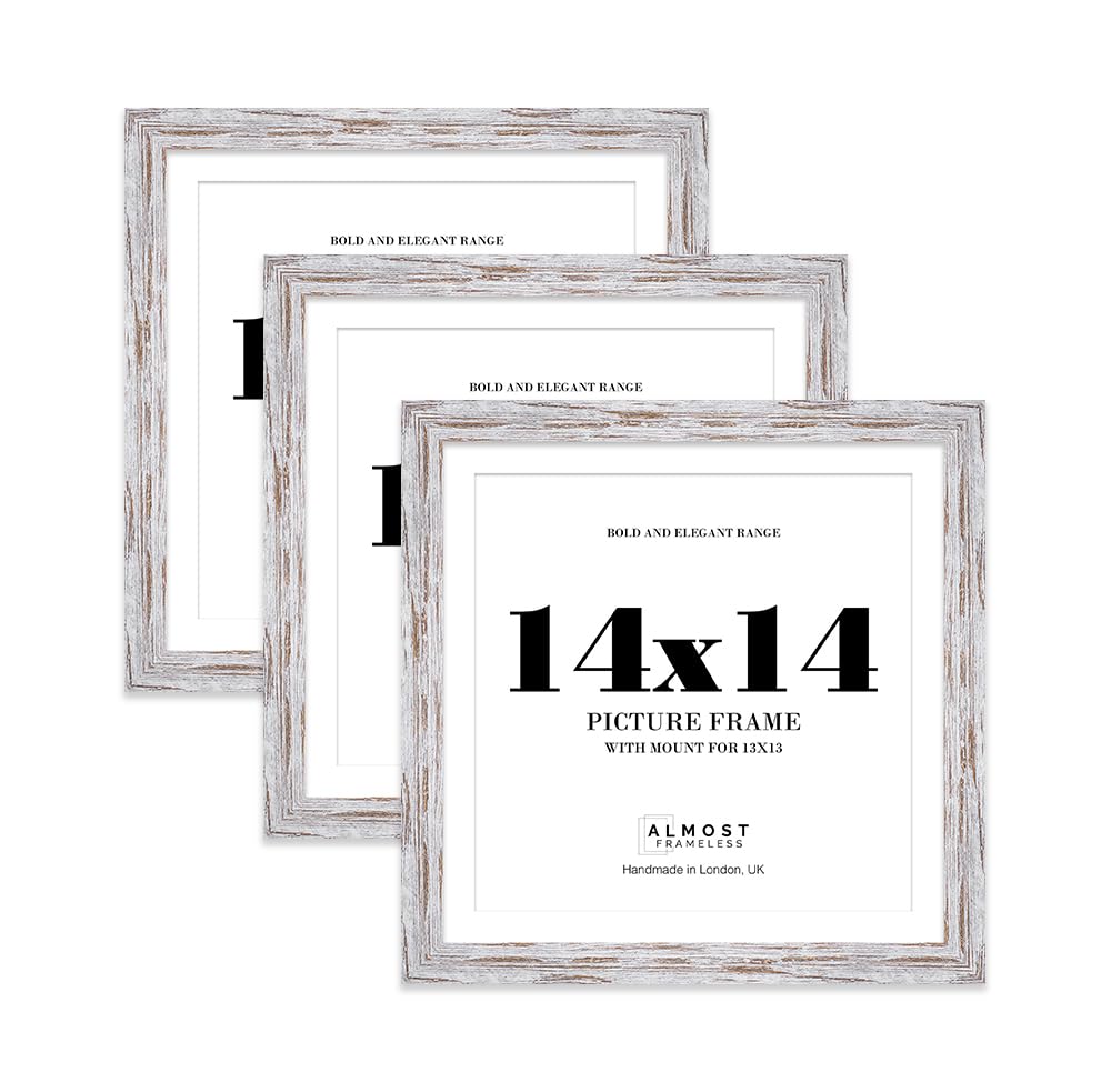 14x14" Distressed Wood Square Frame With Mount for 13x13" Pictures 28mm Edge Frame Display with Wall Hooks, 3 Pack