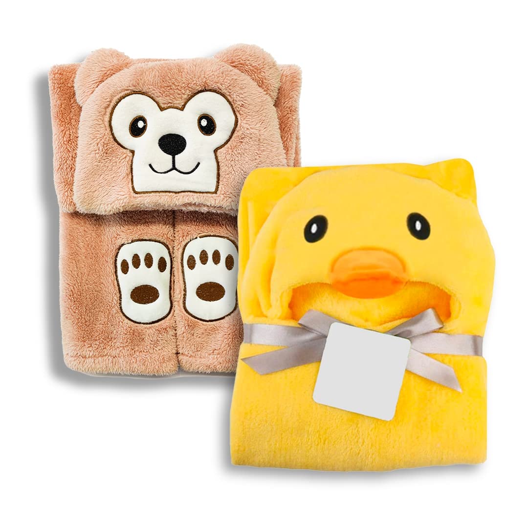 MyNewborn Baby Blanket - Pack of 2 (Yellow Duck, Brown Bear) | Baby Accessories | Baby Swaddle Wrap | Sleeping Wrap