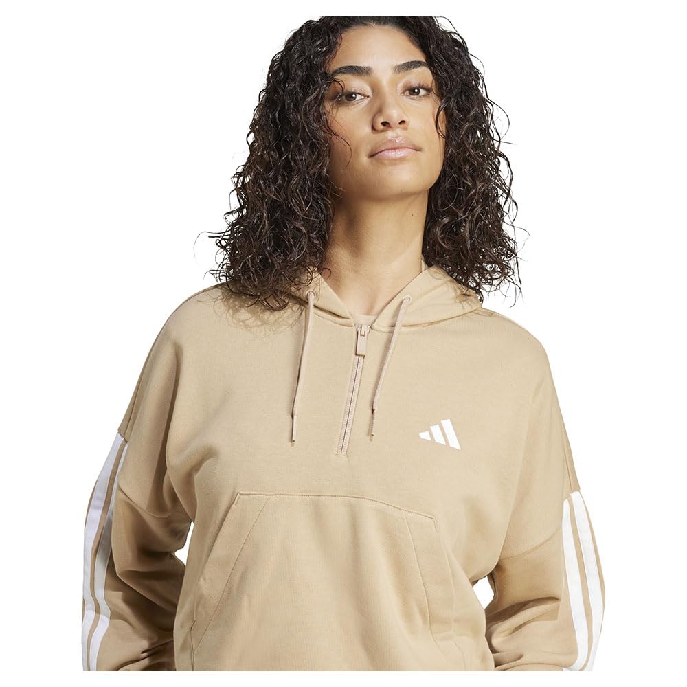 adidas Kobiety ESSENTIALS 3-STRIPES FRENCH TERRY QUARTER-ZIP HOODIE, warm sandstone/white, XL