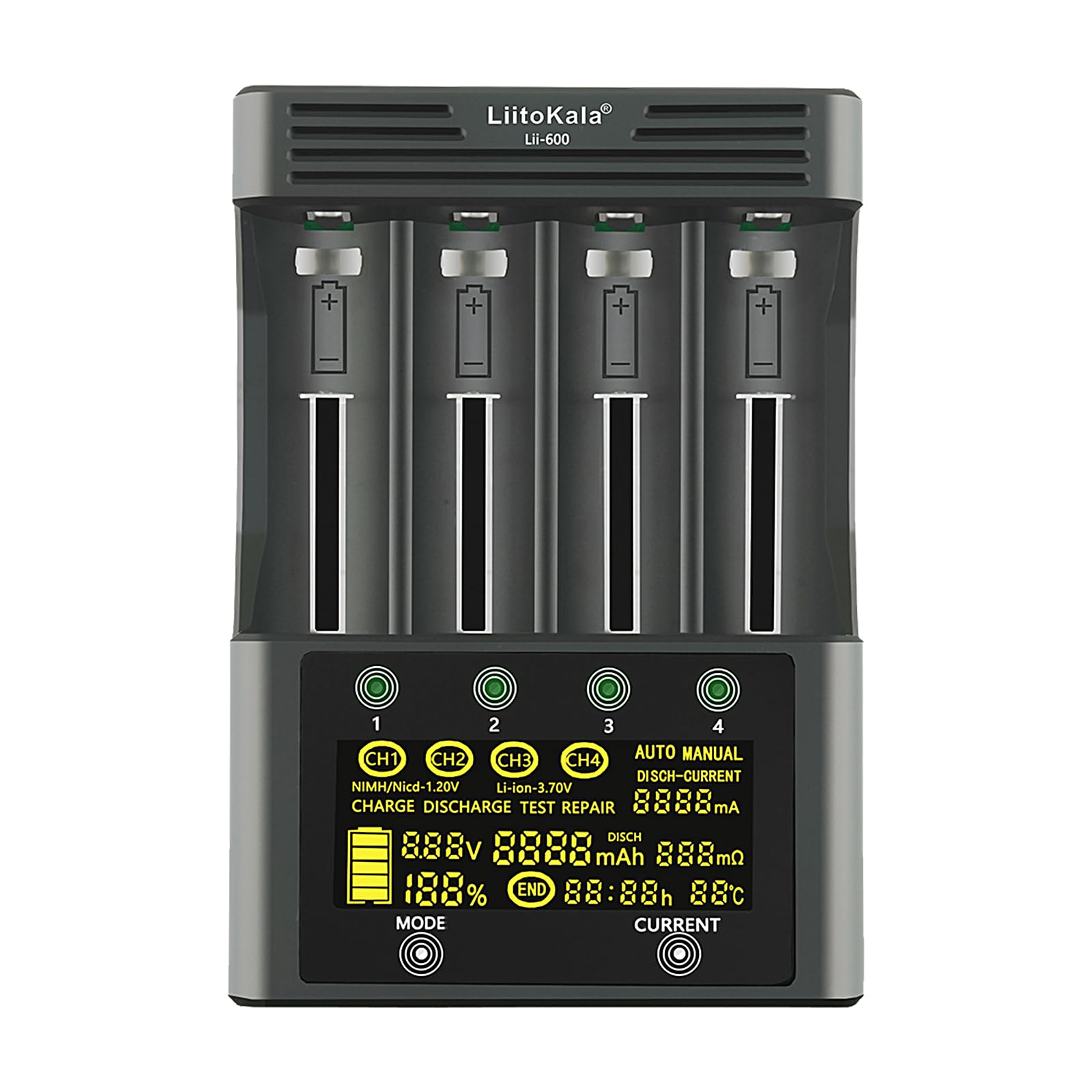 LiitoKala Lii-600 ładowarka z ekranem dotykowym LCD USB 5 V mobilne wyjście do 14550 18490 18650 26650 Li-lion (3.7 V), AA AAA SC Ni-MH Li-ion (1.2V), 12V5A, 4 Bay