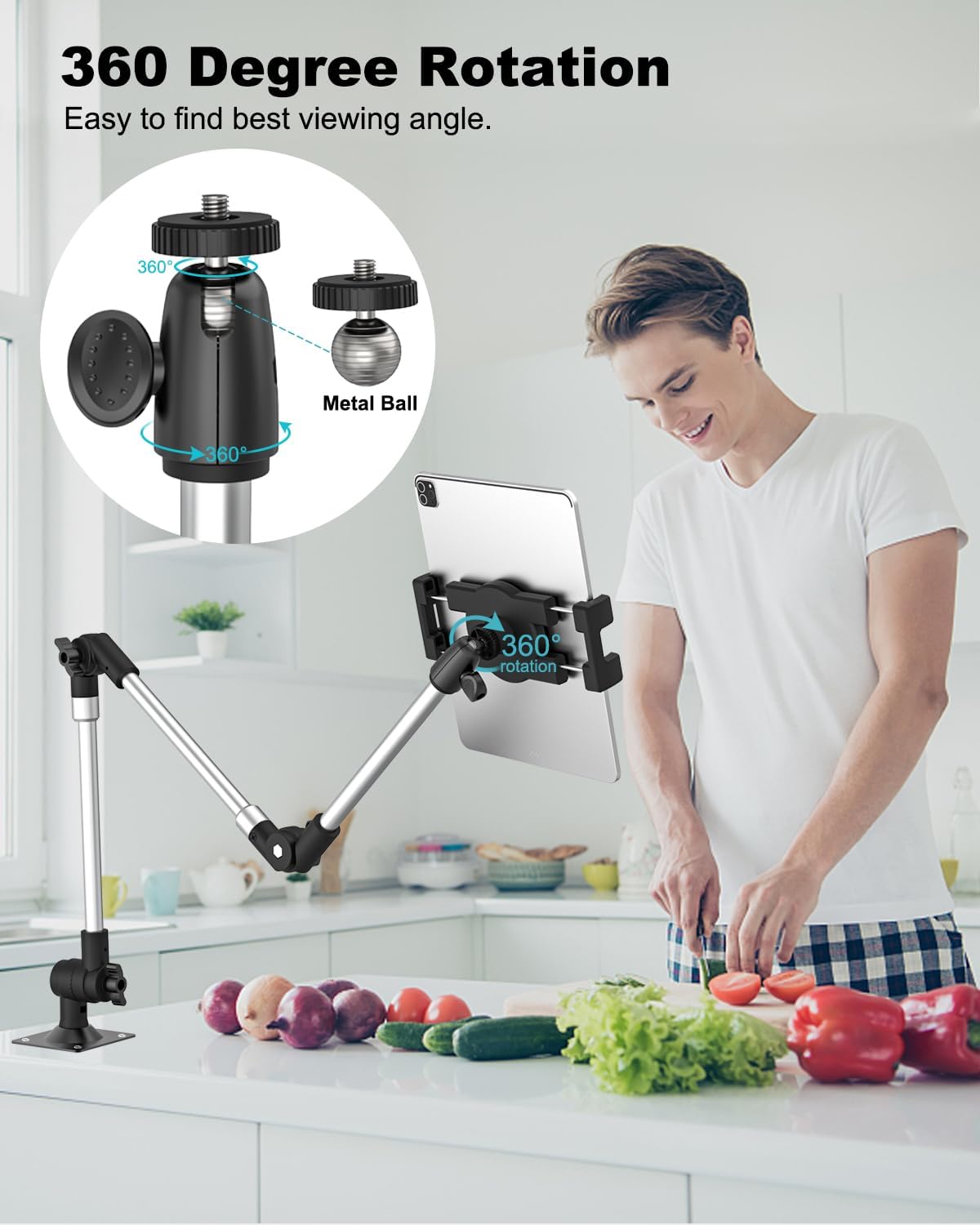 Tablet Wall Holder for iPad, 35 in Adjustable Arm Drill Base Tablet Mount for Kitchen Cabinet, Sturdy Metal Camera Holder Webcam Stand for iPad Pro 13 12.9 Air Mini, Galaxy Tab, iPhone, 4-13"