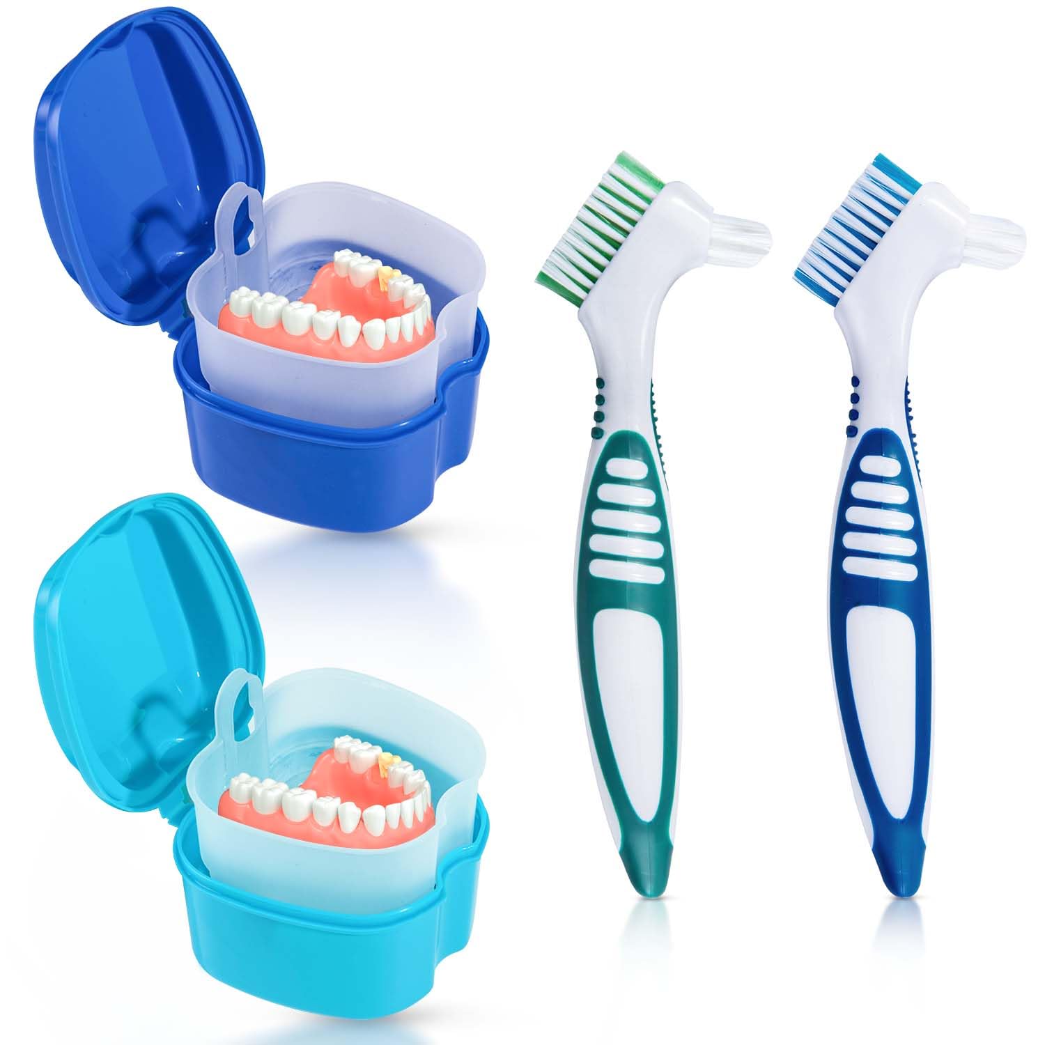 KISEER 2 Pack Denture Bath Case Cup Box Holder Storage Container with Denture Cleaner Brush Strainer Basket for Travel Cleaning (Light Blue and Blue)-image-39