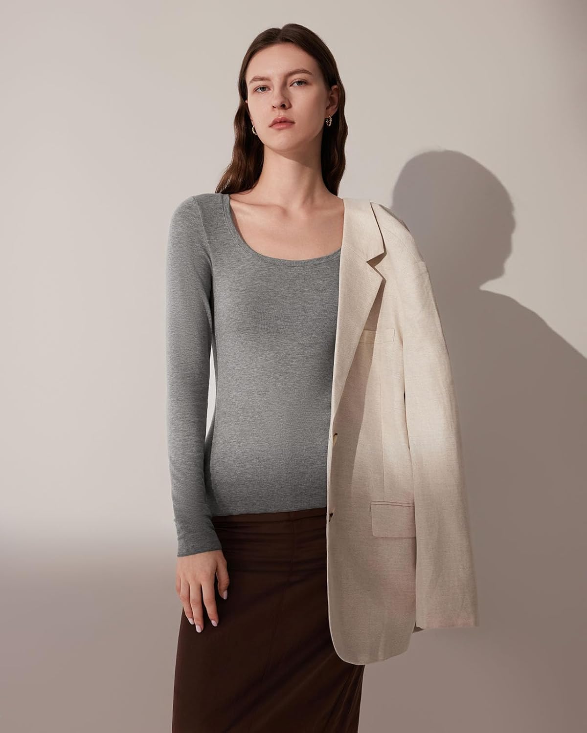 SUUKSESS Cloud Cashmere Women Scoop Neck Fitted Long Sleeve Shirt Basic Knit Tops - Image 3