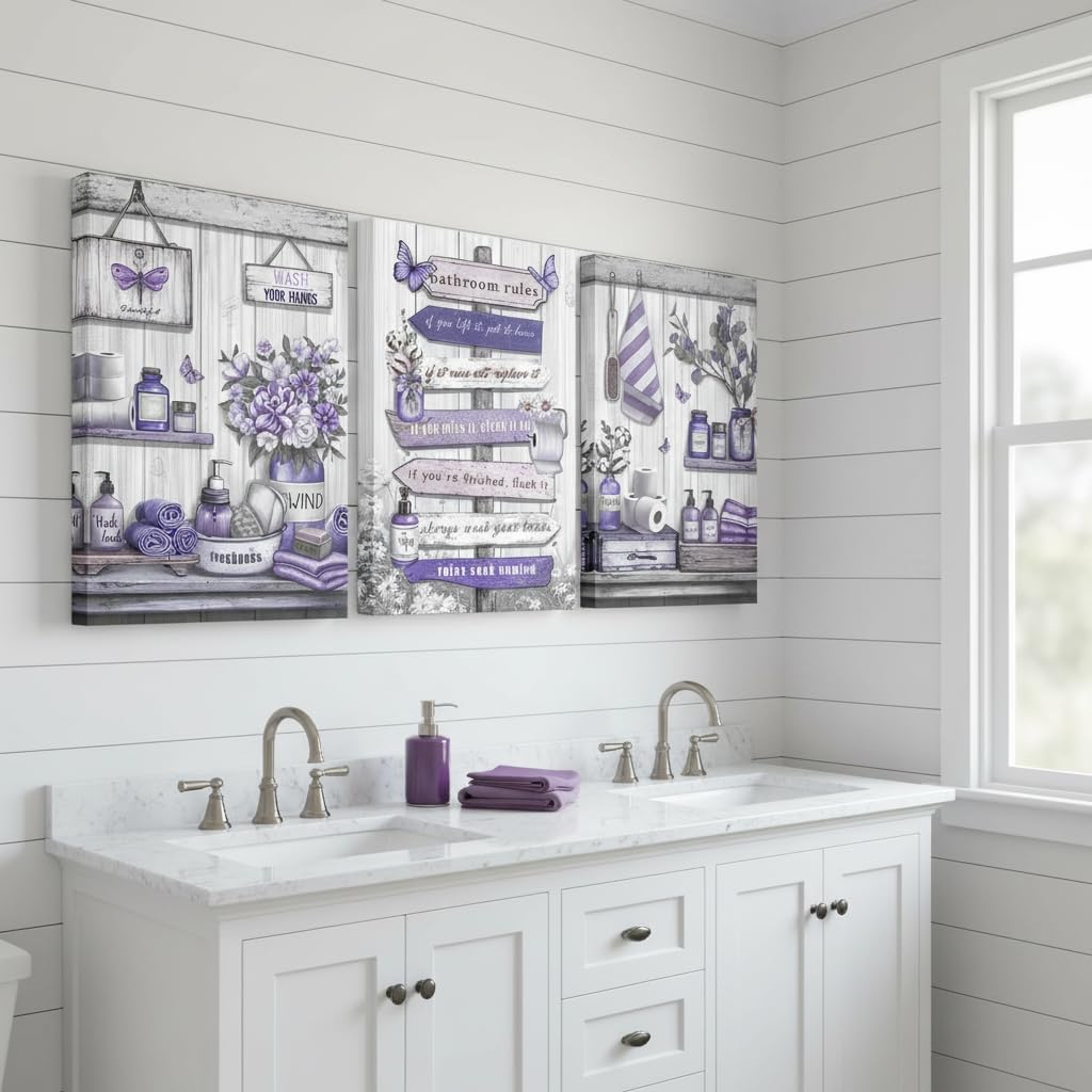 OuElegent Purple Bathroom Wall Art Farmhouse Wall Decor Canvas Rustic Bathroom Rules Paintings Purple Pictures for Washroom Wall Decor Framed（12''x16''x3
