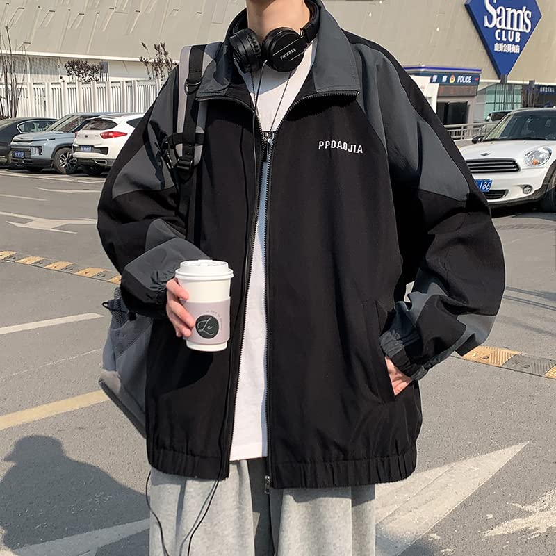 Image of GAI Men's Varsity Jacket Harajuku Vintage Bomber Jackets Techwear Windbreaker Color Block Unisex Coats Korean Streetwear (B Dark,M)