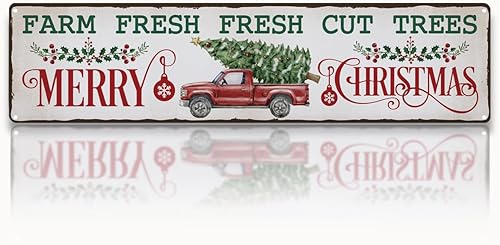 Letreros metálicos de Feliz Navidad, letrero de árboles frescos cortados de granja, letreros de metal vintage, decoración de Navidad retro de