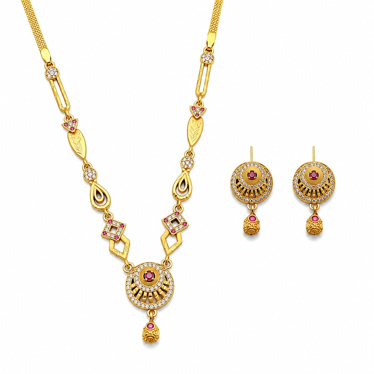 Gold Plated American Diamond Pendant Necklace Set for Women | Daily Wear Micro Gold Jewellery | Designer Pendant with Matching Earrings | Traditional Jewellery Gift-image-42