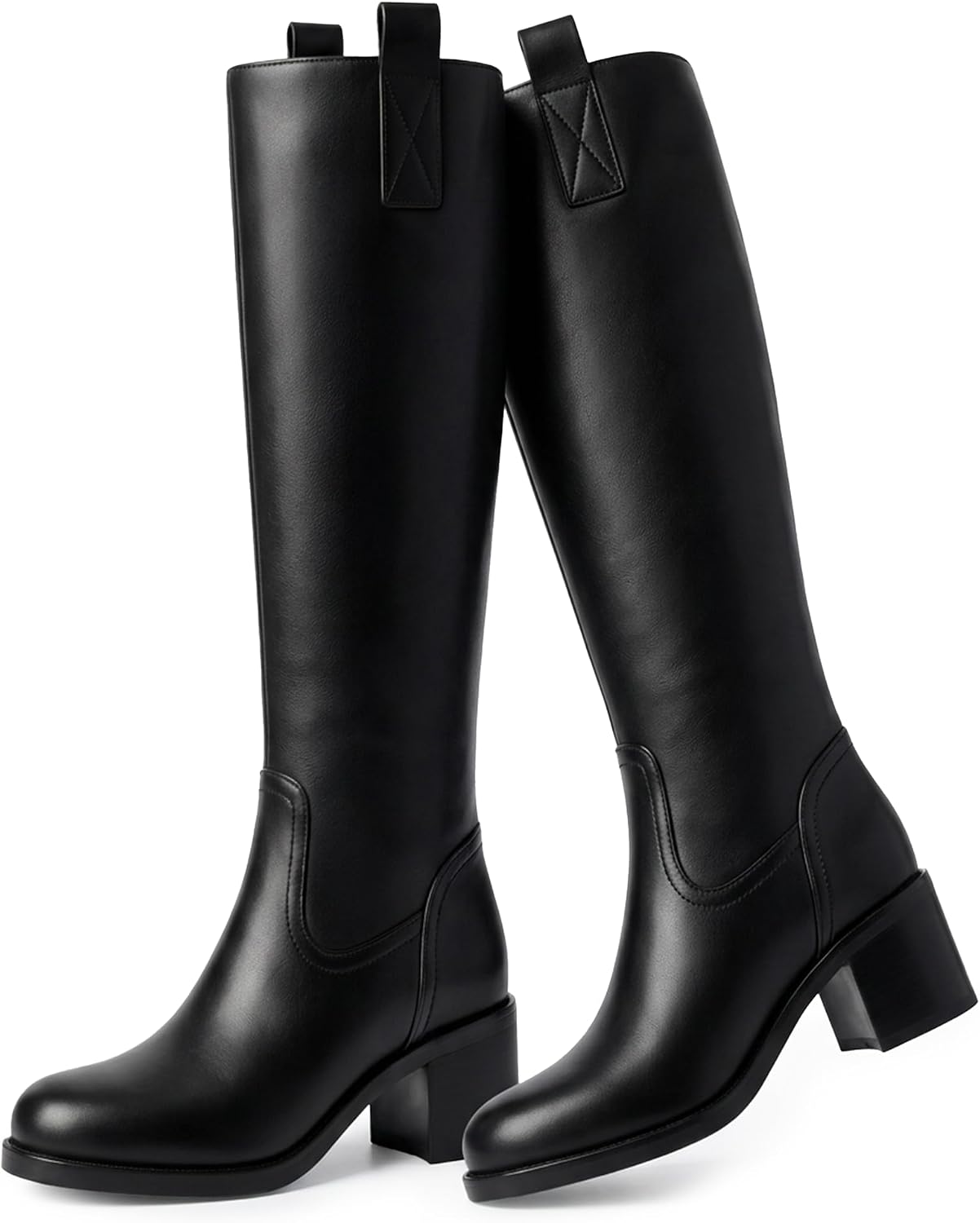 Knee High Boots for Women - Square Toe Tall Riding Boots, Faux Leather Pull-On Dress Boots with Chunky Block Heel